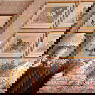 Large Cotton Chintz Slip Covered Three Seat Sofa, Designed by Colefax and Fowler: Large Cotton Chintz Slip Covered Three Seat Sofa, Designed by Colefax and FowlerTogether with three matching pillows and raised on brass casters.32 x 8 ft. x 40 in., seat height 19 in.A New York