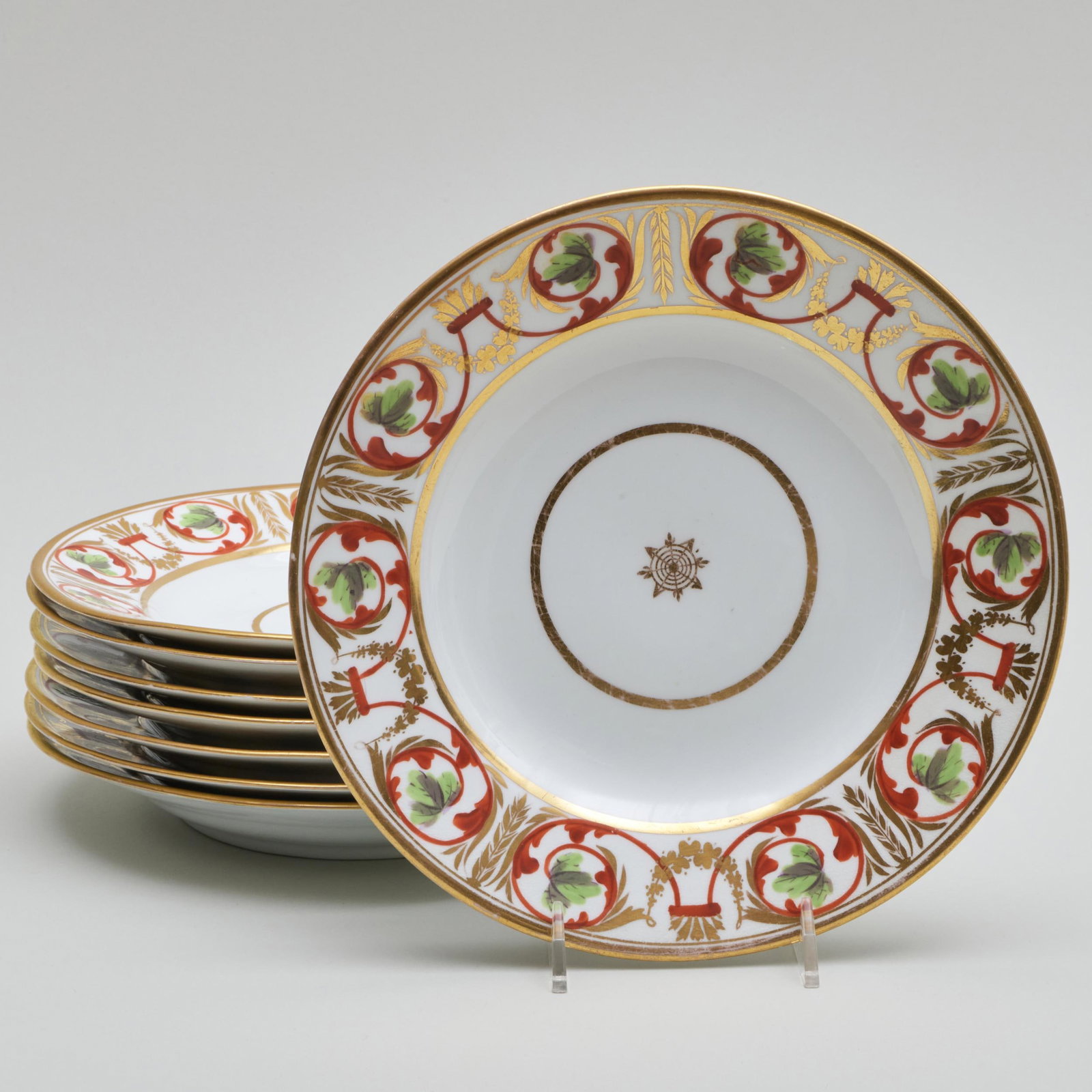 Set of Eight Derby Porcelain Dessert Plates: Set of Eight Derby Porcelain Dessert Plates Iron red painted marks. 8 in. diam. A New York Apartment Designed by Vivien Greenock of Colefax and Fowler.