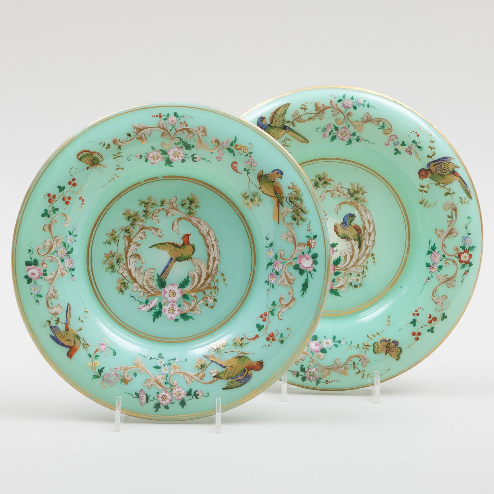 Pair of Opaline Glass Enameled Plates with Birds Amongst Branches, Probably French (1 of 6)