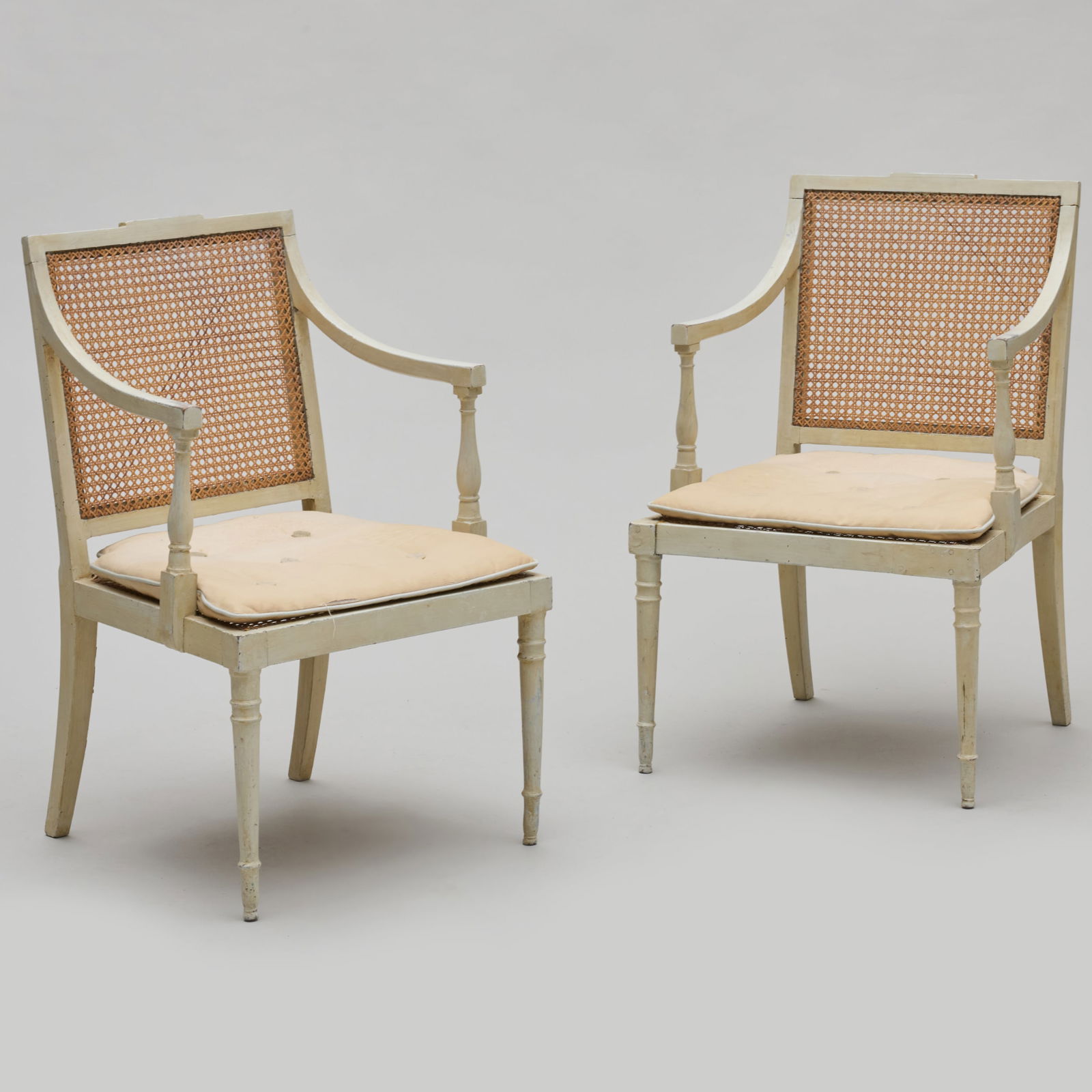 Pair of English Cream Painted and Caned Armchairs (1 of 8)