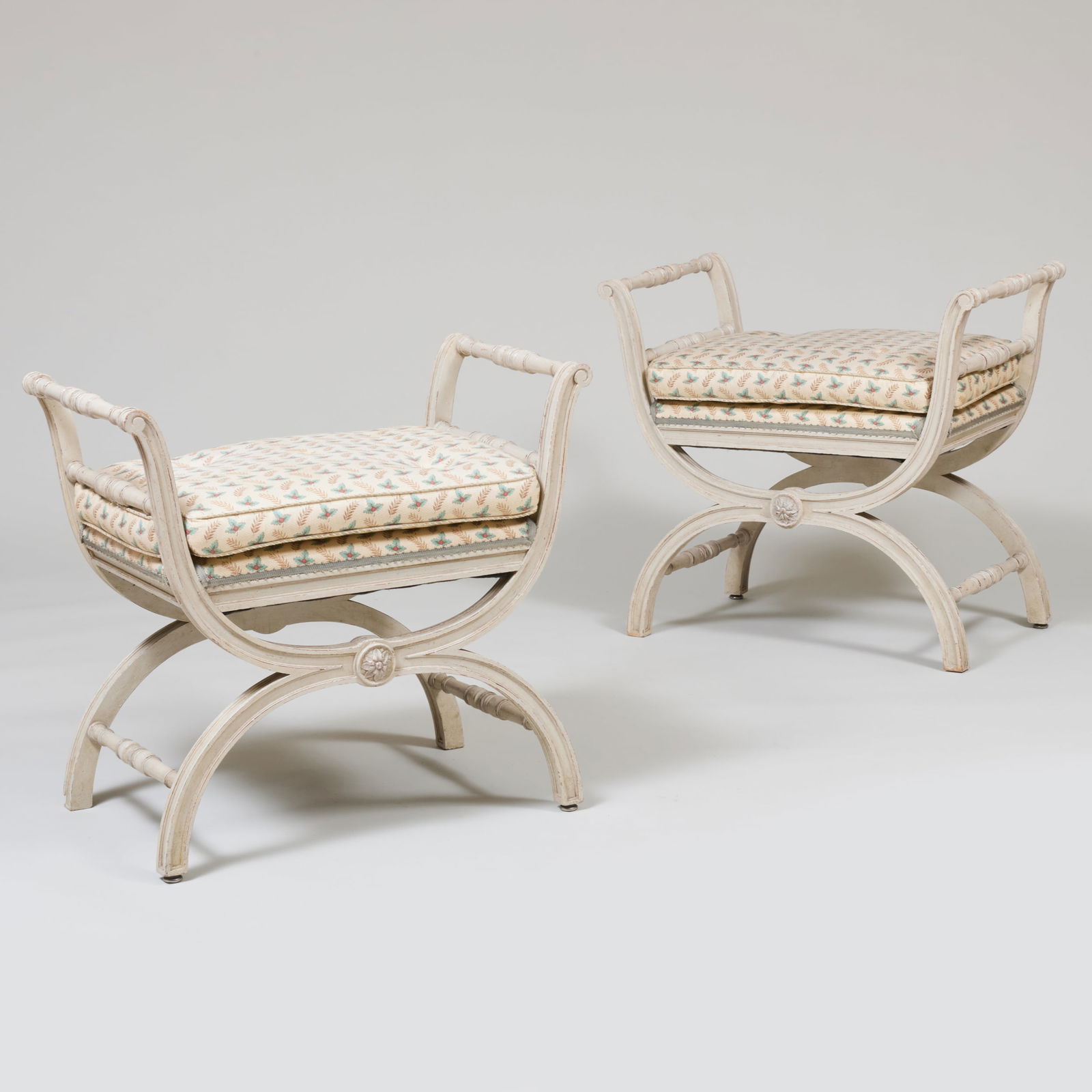 Pair of Regency Style White Painted Curule Form Stools, Modern (1 of 10)
