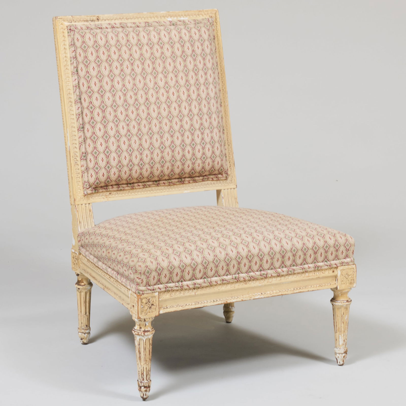 Louis XVI Style Painted Chaise with Needlepoint Upholstery: Louis XVI Style Painted Chaise with Needlepoint Upholstery 31 1/2 x 22 x 21 in., seat height 12 1/2 in. A New York Apartment Designed by Vivien Greenock of Colefax and Fowler.