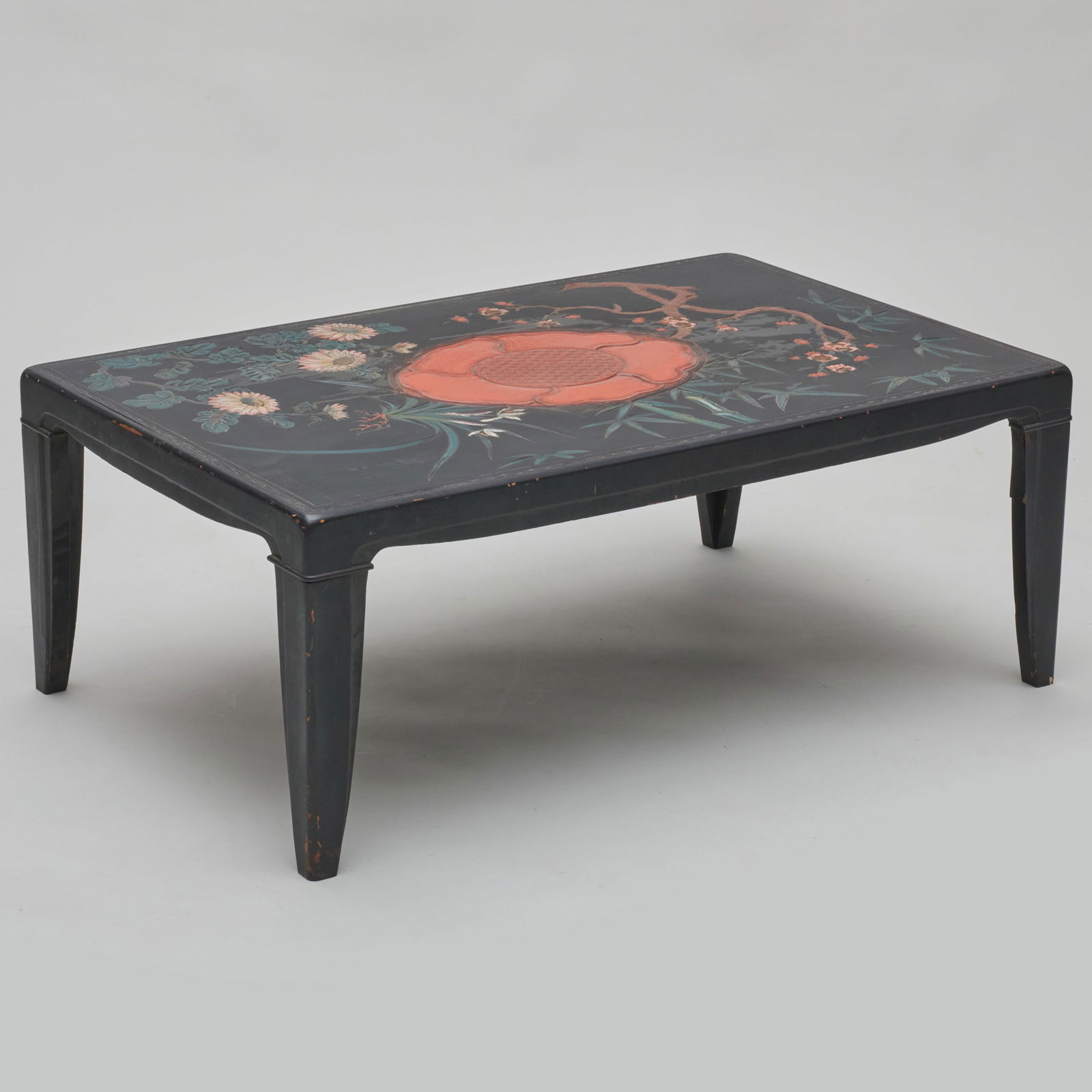 Asian Inspired Black and Polychrome Lacquered Low Table, Modern (1 of 7)