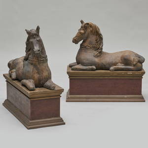 Pair of Cast Stone Seated Horses on Painted Faux Porphyry Pedestals, Possibly English