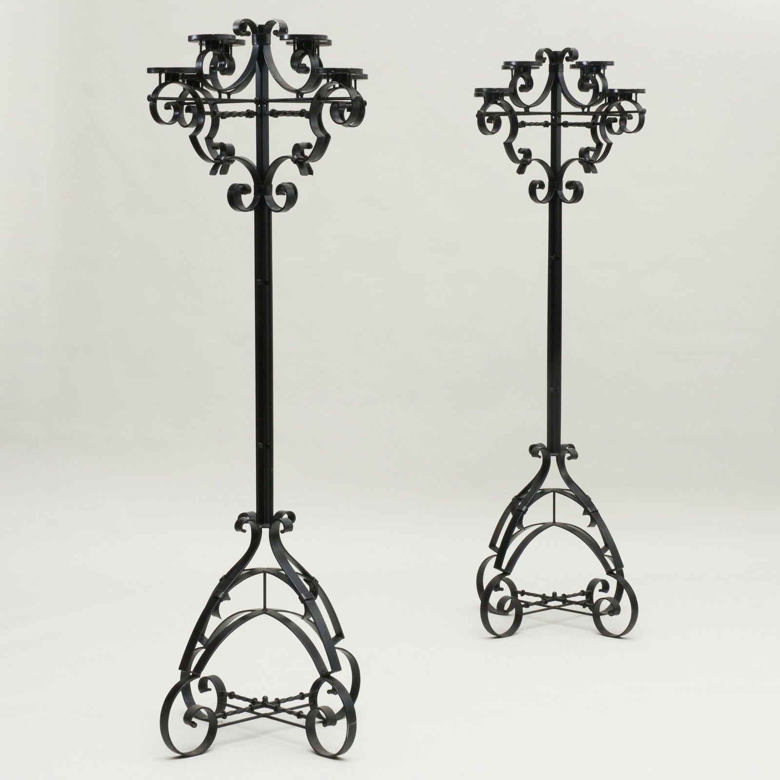 Pair of Renaissance Revival Black Painted Metal Eight-Light Torcheres (1 of 5)