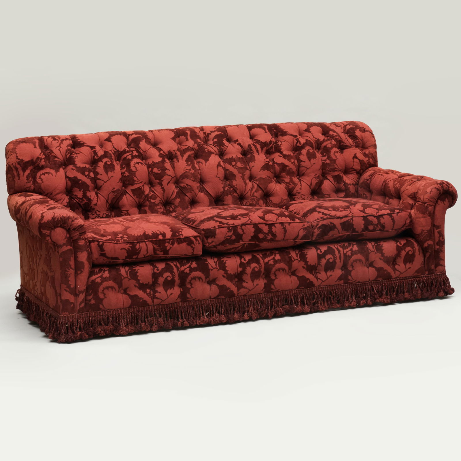 Pair of Red Damask Upholstered Sofas with Tasseled Aprons, Designed by Renzo Mongiardino (1 of 12)
