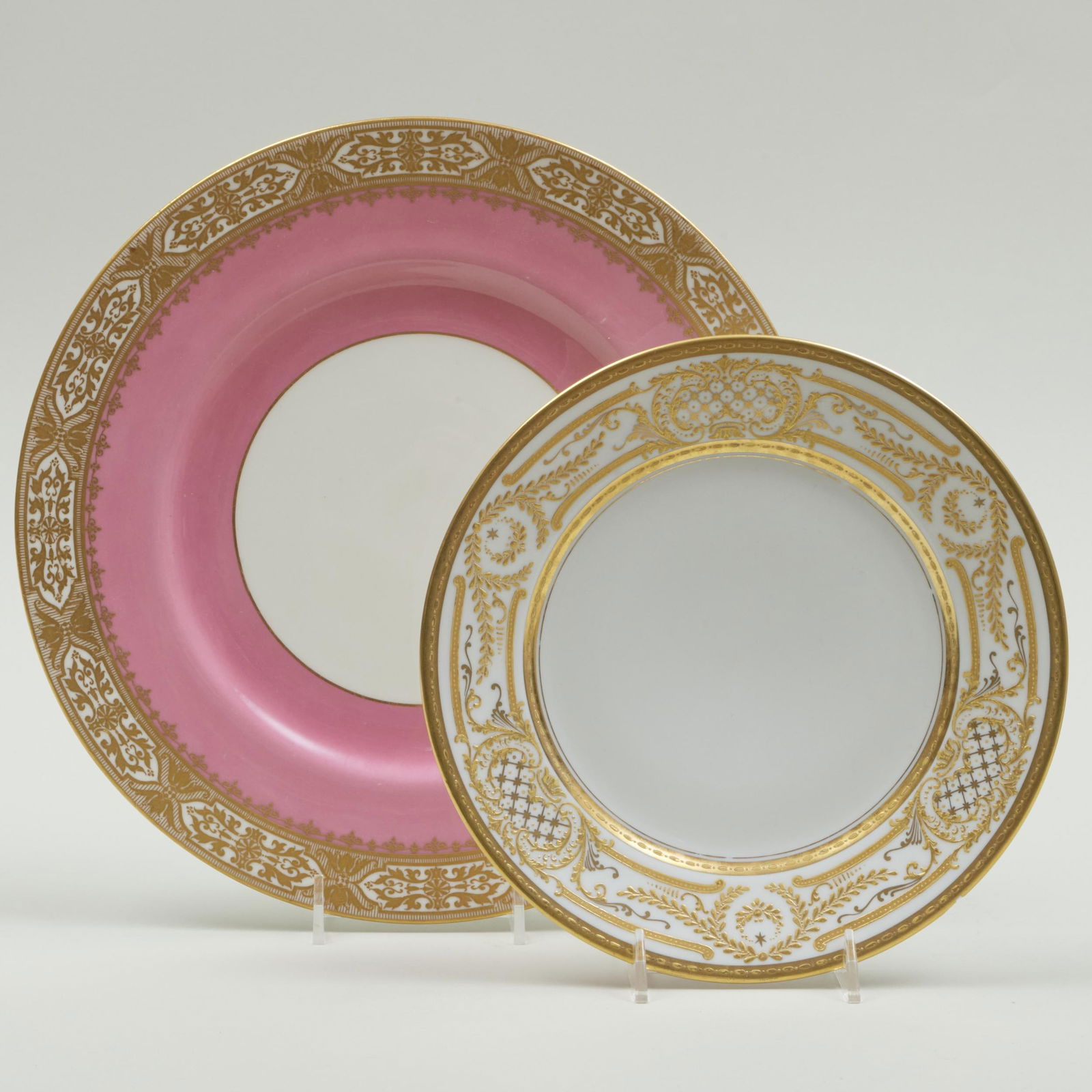 Set of Eleven Pink Ground Royal Worcester Dinner Plates and a Set of Eight Limoges Dessert Plates (1 of 6)