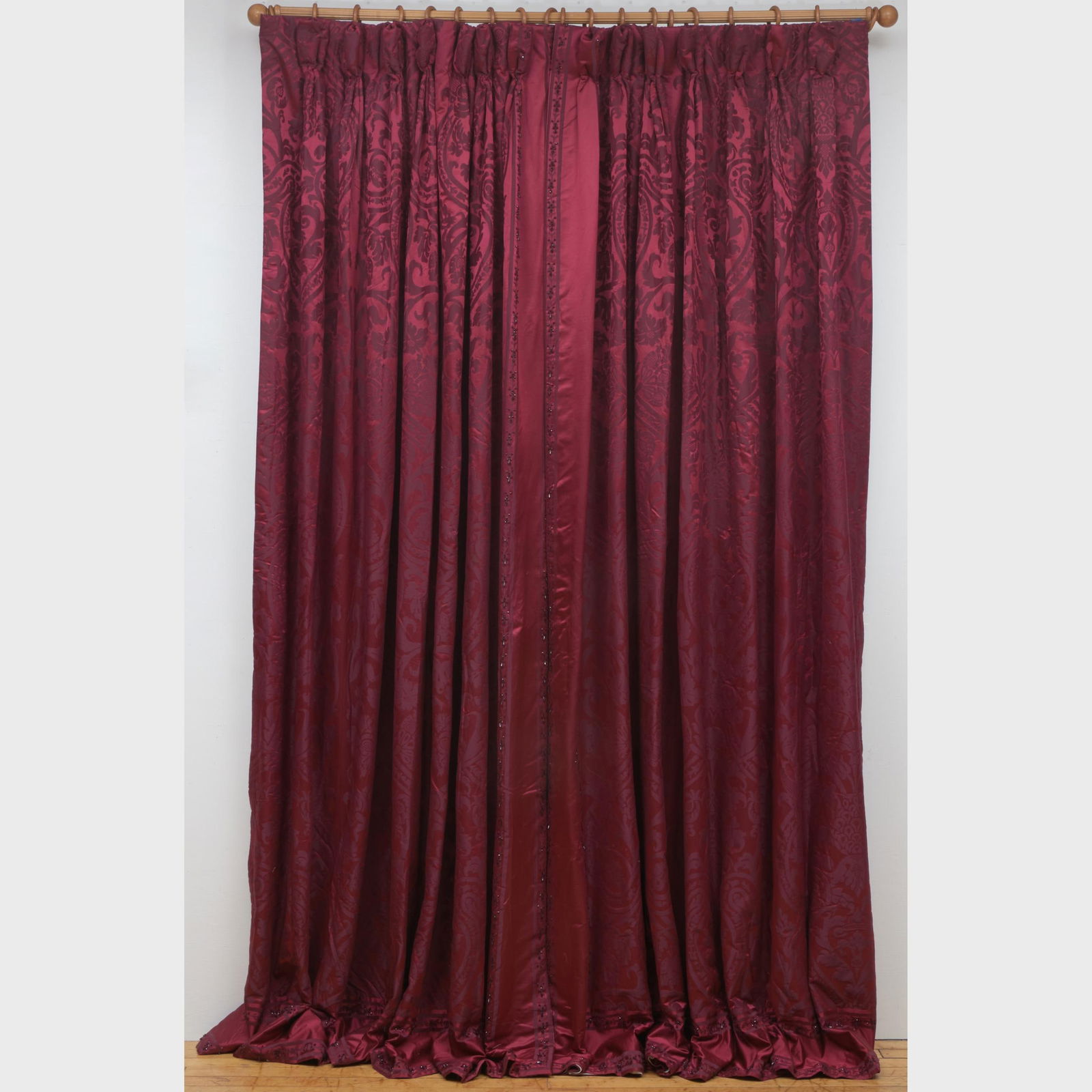 Set of Eight Silk Damask and Beaded Glass Curtains and Four Matching Pelmets (1 of 10)