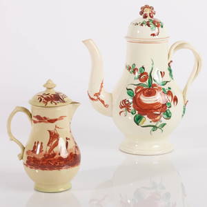 Staffordshire Creamware Coffeepot and Cover and a Hot Milk Jug