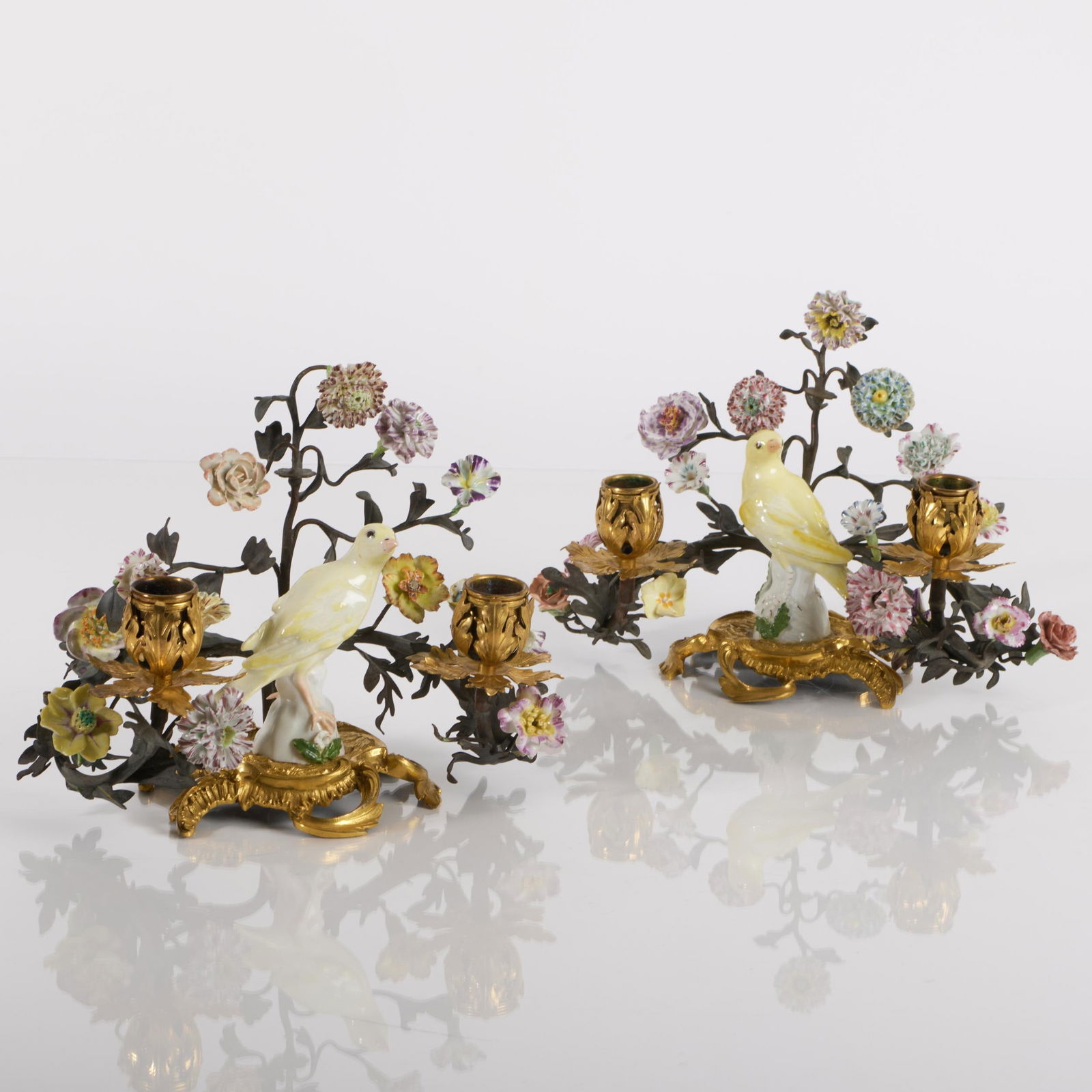 Pair of Meissen Porcelain Birds and Porcelain Flowers Ormolu Mounted as Two-Light Candelabra (1 of 7)