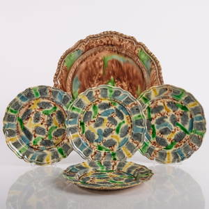 Set of Four Whieldon Ware Mottle Glaze Plates and a Large Serving Platter