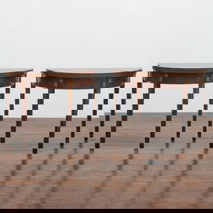 Pair of Fine and Rare Federal Satinwood-Inlaid and Figured Mahogany Demilune Games Tables, New York,: Pair of Fine and Rare Federal Satinwood-Inlaid and Figured Mahogany Demilune Games Tables, New York, Attributed to Duncan Phyfe 28 3/4 x 35 1/4 x 17 1/4 in., closed. 28 3/4 x 35 1/4 x 34 3/4 in.