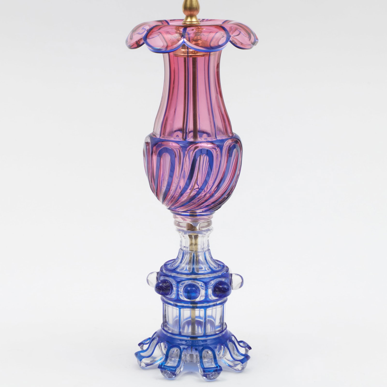 Pink and Blue Glass Overlay Vase Mounted as a Lamp, Probably American (1 of 6)