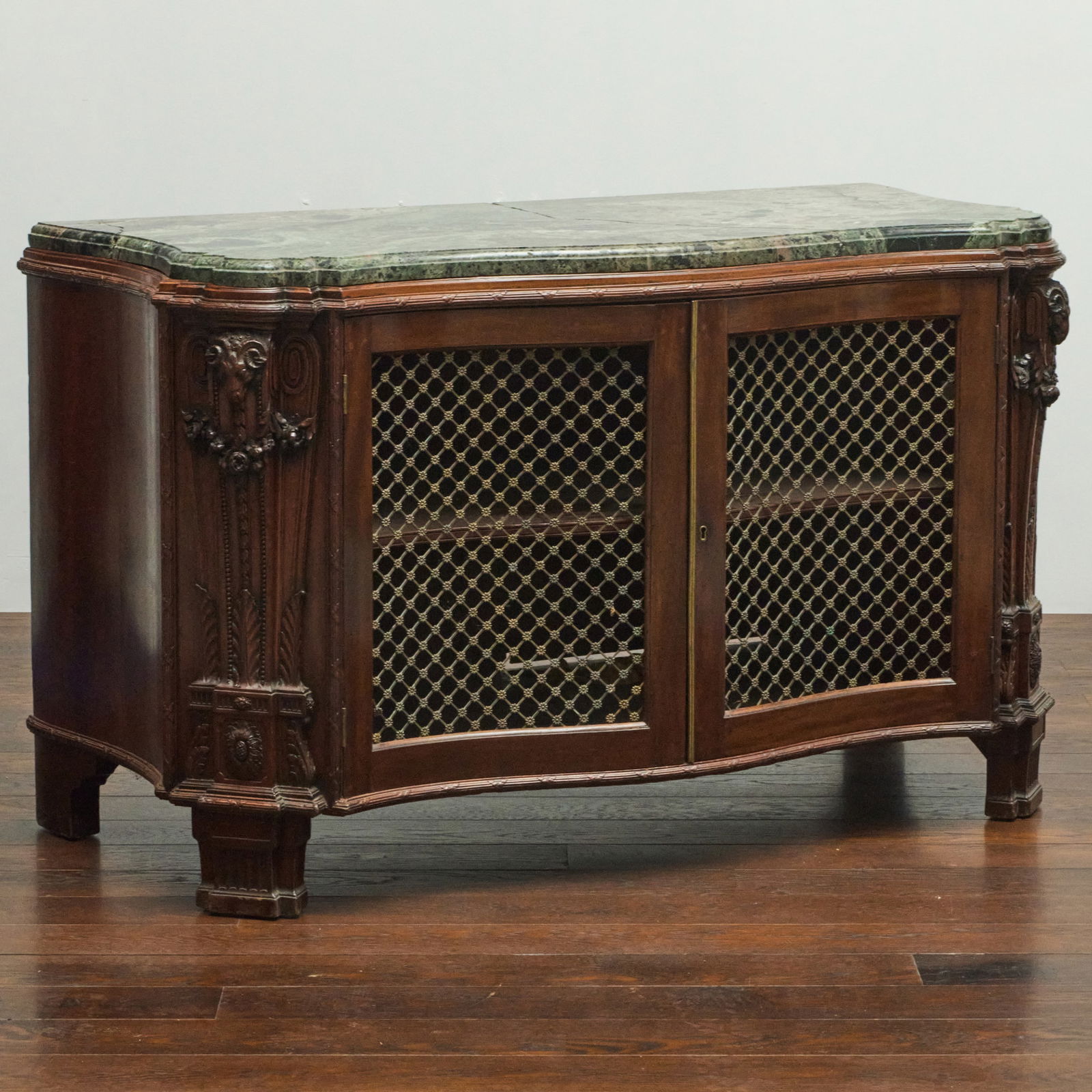 German Baroque Style Mahogany and Brass Grille-Work Cabinet with Inset Marble Top (1 of 12)