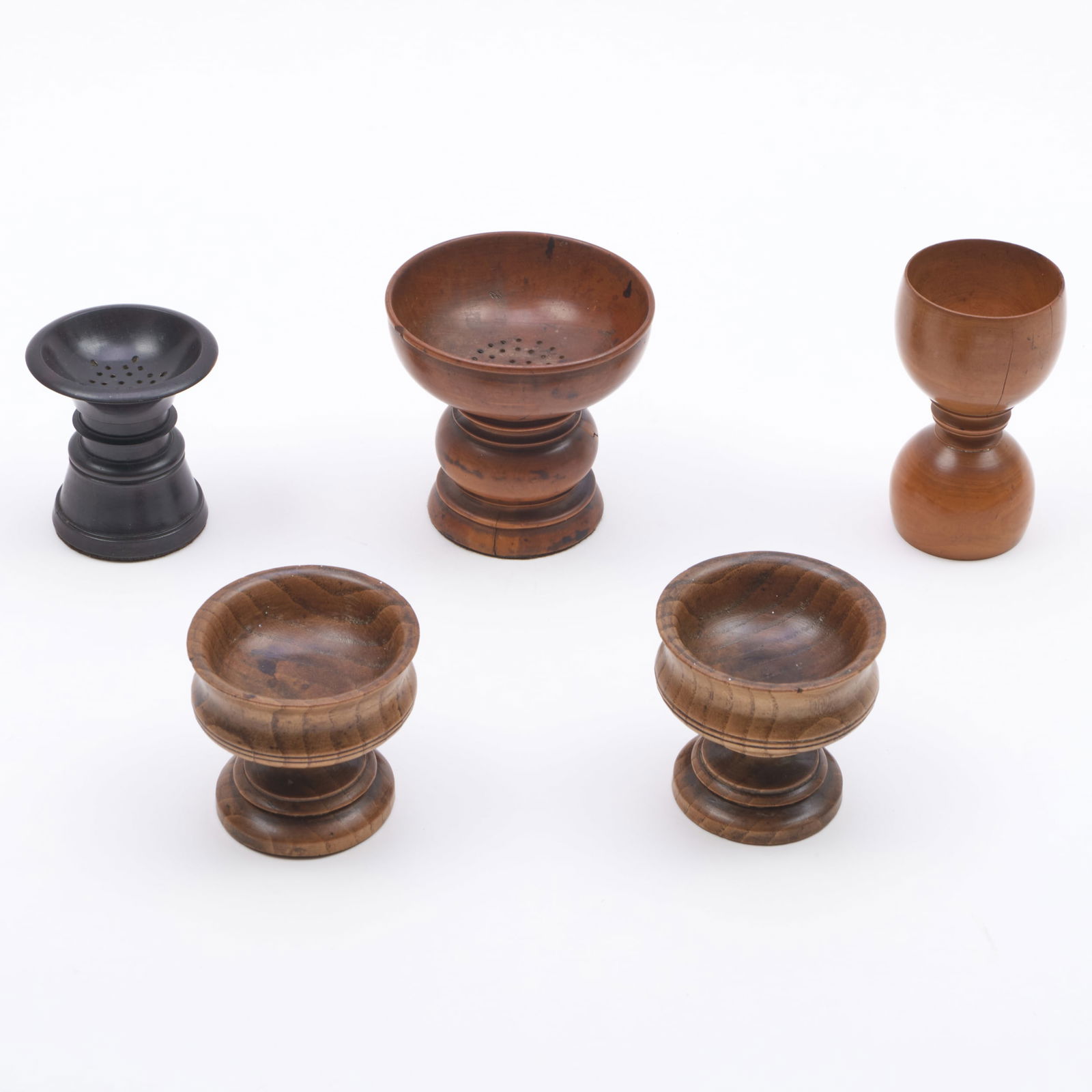 Group of Five Small Treen Vessels: Group of Five Small Treen Vessels Comprising: Two pounce pots A two sided egg cup A pair of small bowls on stands The largest 3 1/4 x 3 1/4 in. diam.