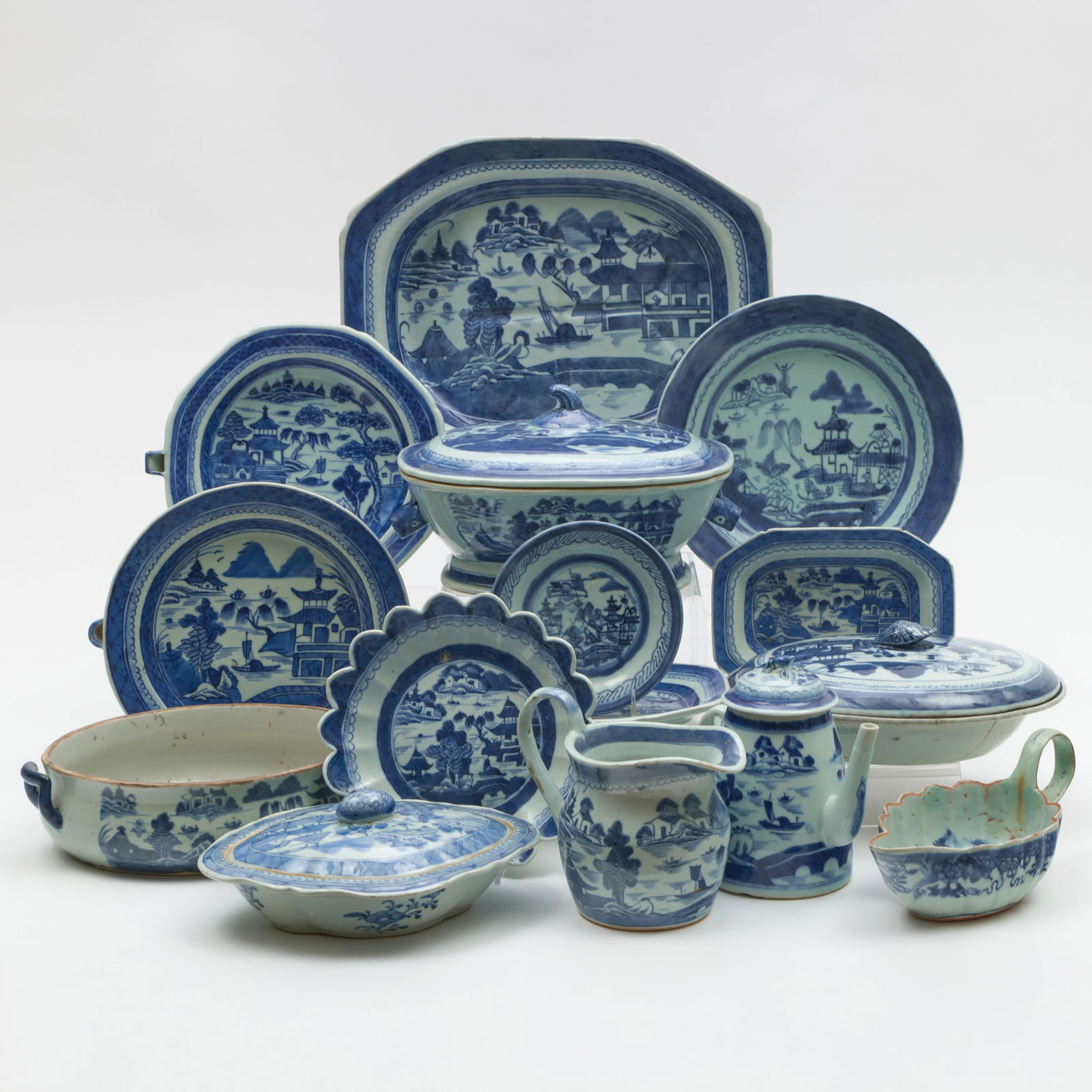 Group of Chinese Blue and White Canton Porcelain Serving Pieces (1 of 18)