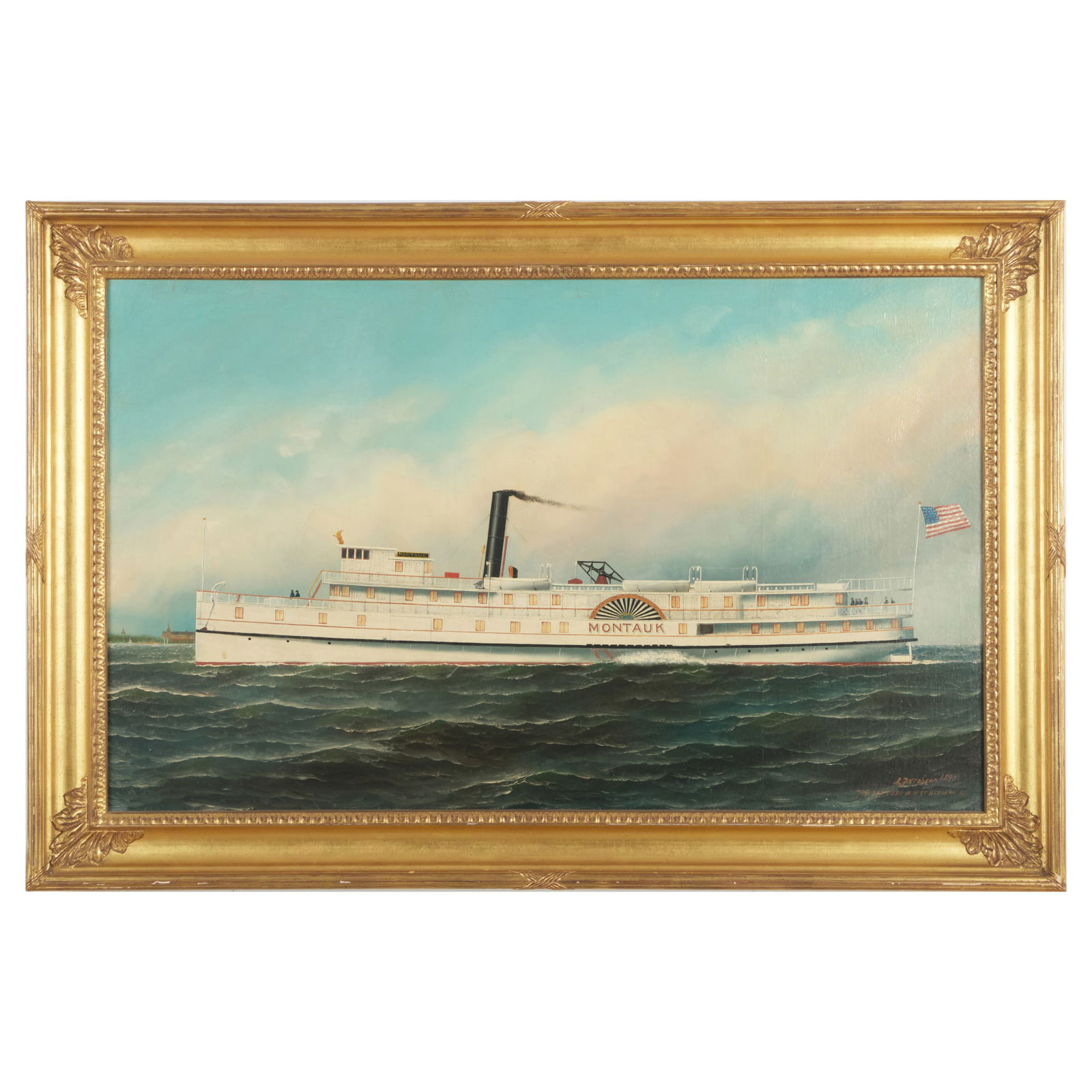 Antonio Jacobsen (1850-1921): Steamship Montauk: Antonio Jacobsen (1850-1921): Steamship Montauk Oil on canvas, 1890, signed 'A. Jacobsen' and inscribed '705 Palisade Av. West Hoboken NJ' lower rlght, with label from Schillay & Reys, NY and Brooklyn