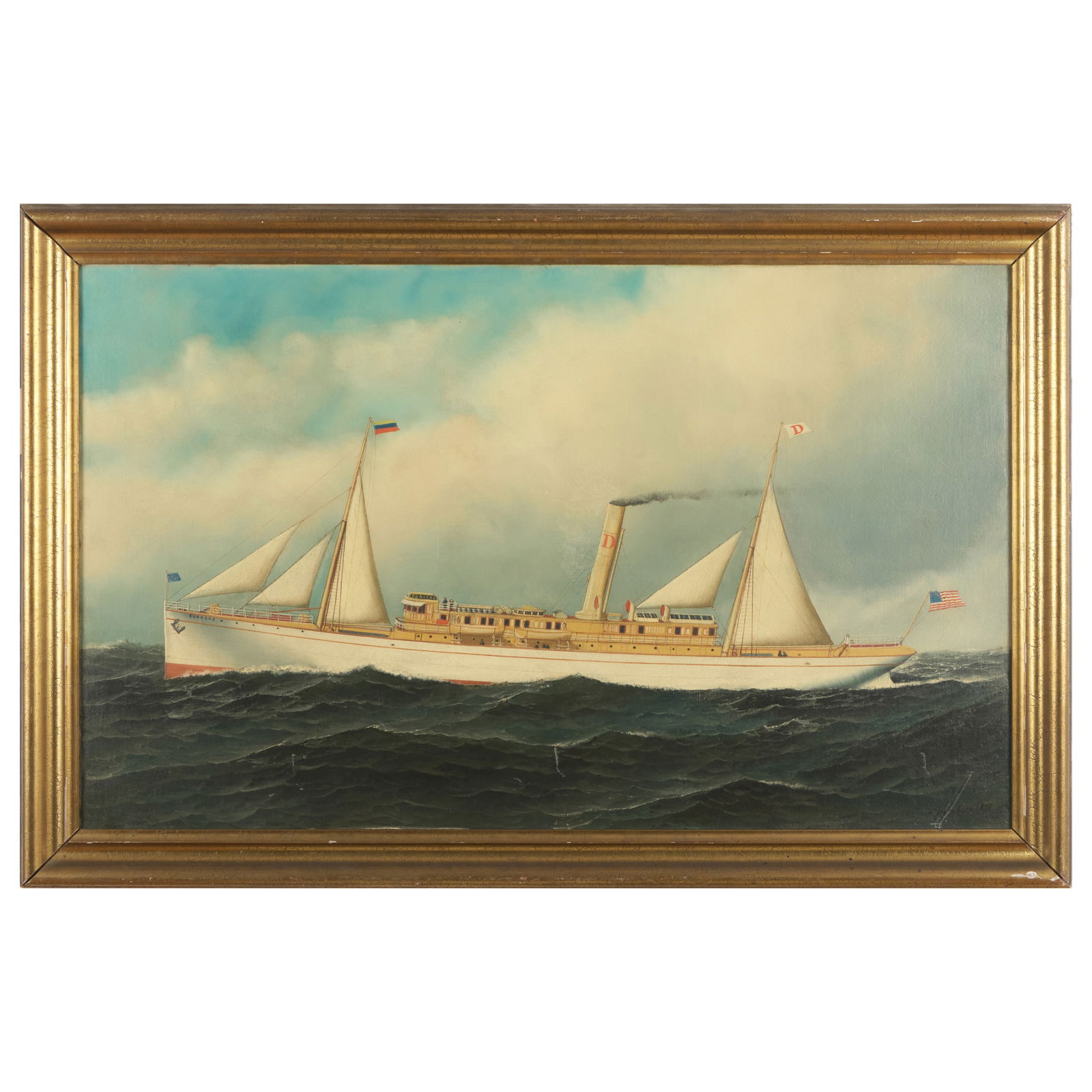 Antonio Jacobsen (1850-1921): The Curacao: Antonio Jacobsen (1850-1921): The Curacao Oil on canvas, 1896, signed 'A. Jacobsen' lower right, with label from Schillay & Rehs, NY and Museum of American Folk Art, NY, lined. 22 x 36 in., 26 1/2 x 4
