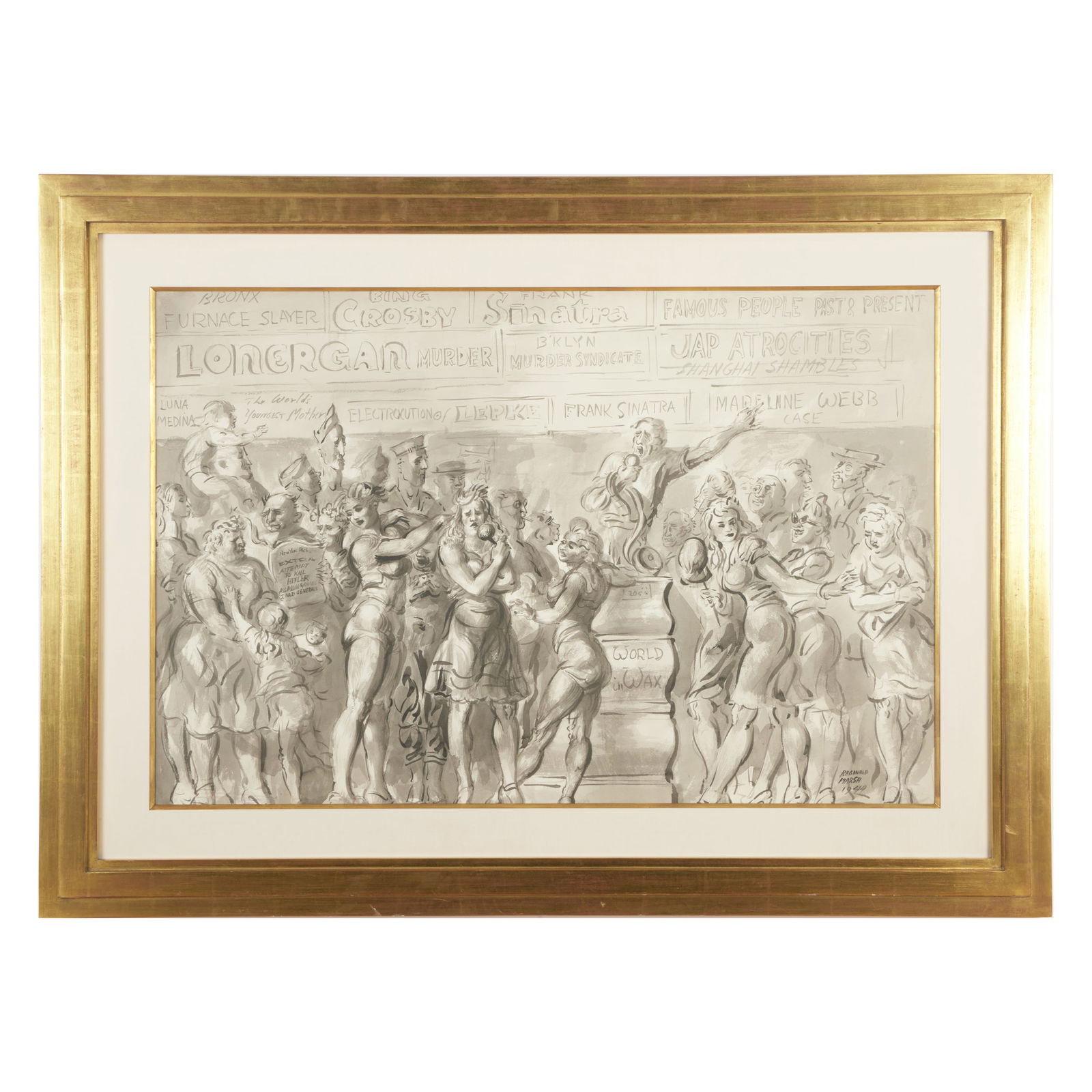 Reginald Marsh (1898-1954): World in Wax: Reginald Marsh (1898-1954): World in Wax Ink and wash on paper, 1944, signed 'Reginald Marsh' and dated lower right, with label from DC Moore Gallery, NY, and Wadsworth Atheneum, Hartford, CT. 26 x 40