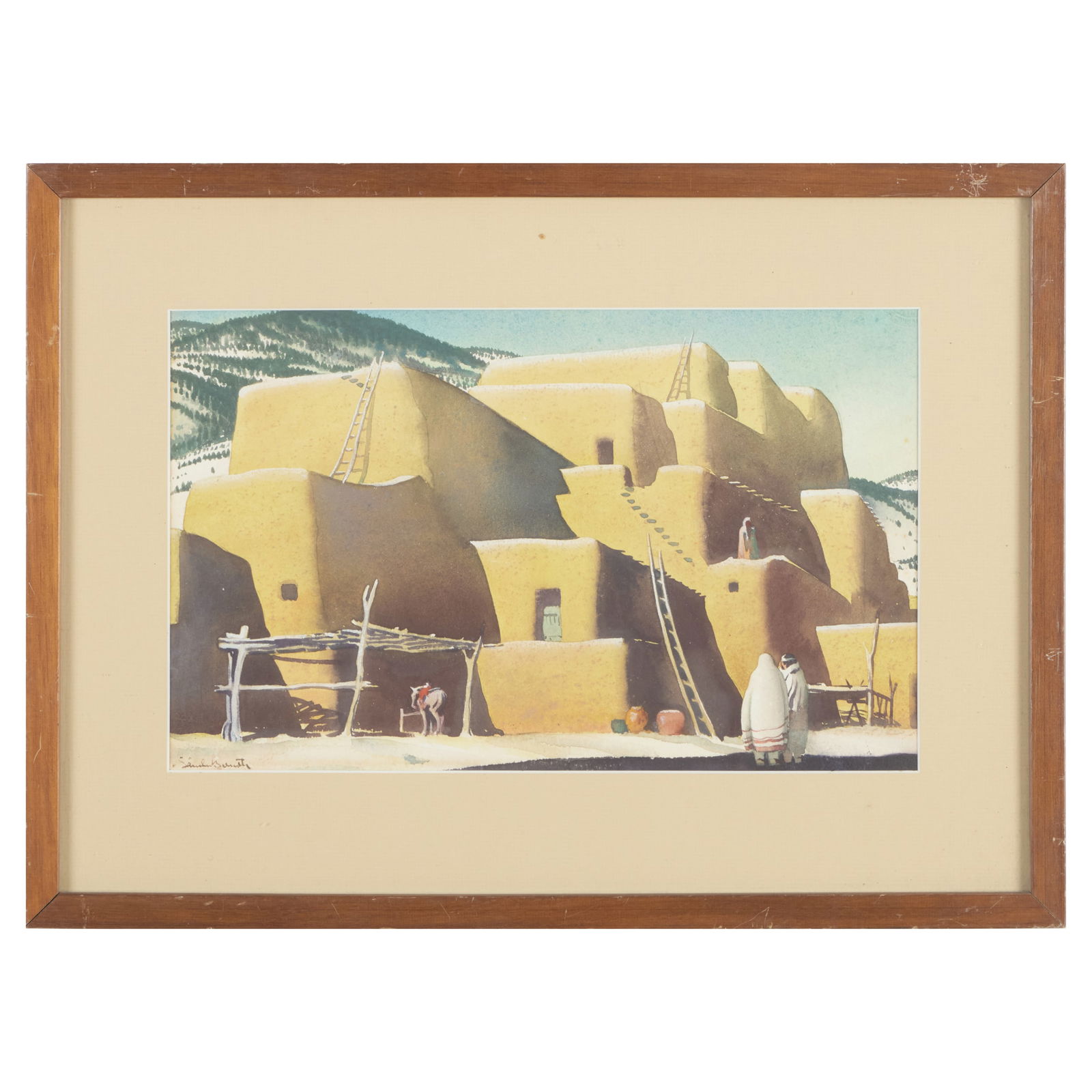 Sandor Bernath (1892-1984): Taos Pueblo: Sandor Bernath (1892-1984): Taos Pueblo Watercolor on paper, signed 'Sandor Bernath' lower left, titled on the reverse. 9 x 14 in. (sheet), 14 1/2 x 19 3/4 in. (frame). Sold Thomaston Auction Gallery,