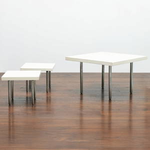 Paul Lester Weiner Table and a Pair of Painted and Metal Stools