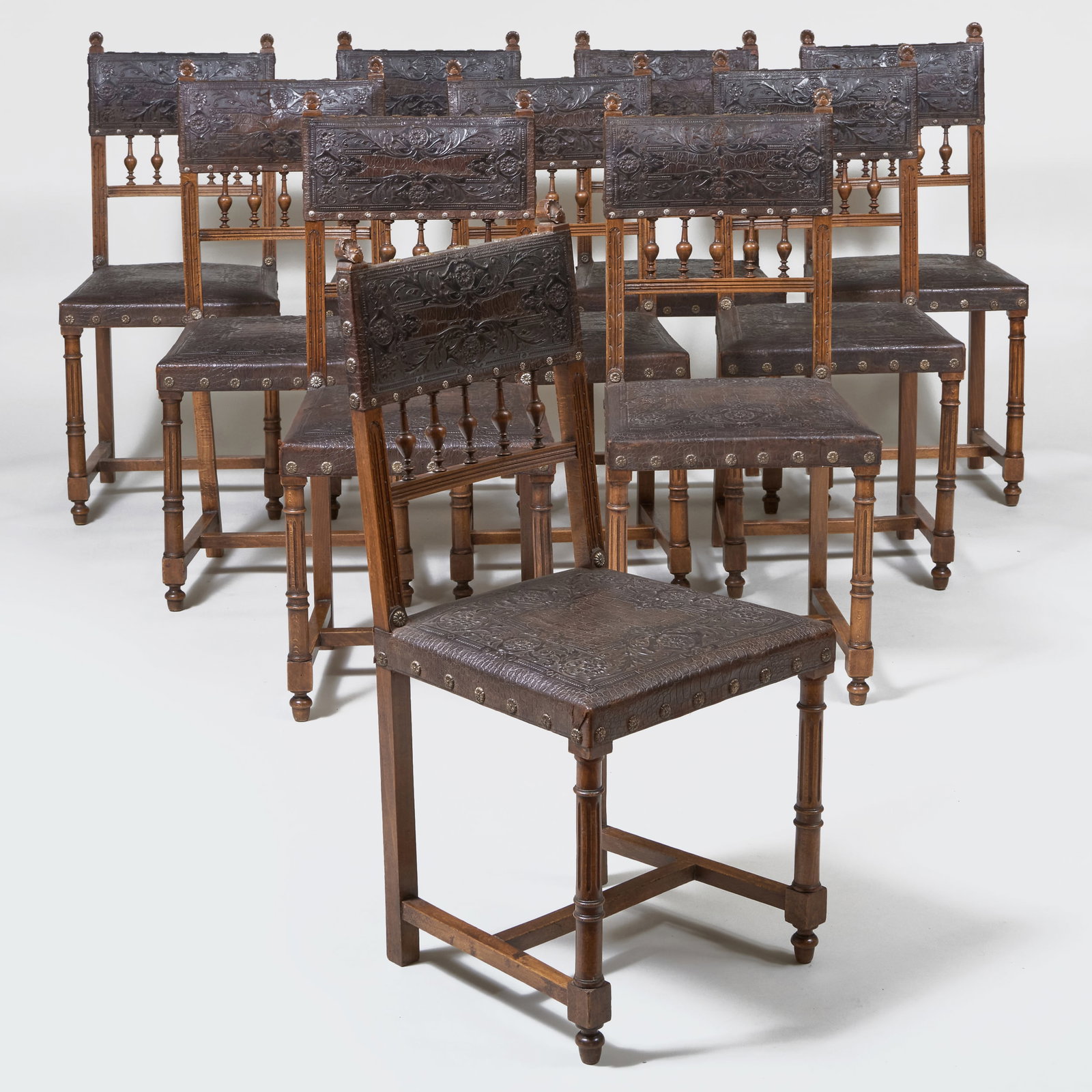 Set of Ten Victorian Brass-Studded Embossed Leather and Oak Dining Chairs (1 of 11)