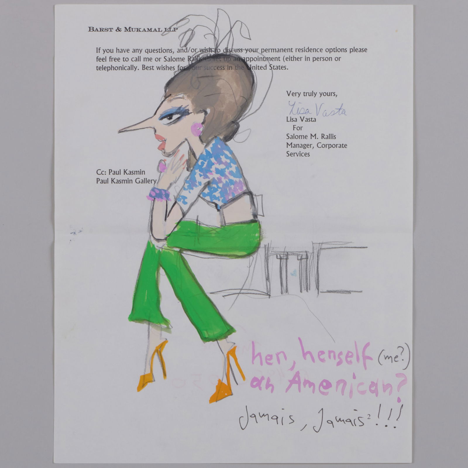 Konstantin Kakanias (b. 1961): Her, Herself (or Me?) an American: Konstantin Kakanias (b. 1961): Her, Herself (or Me?) an American Pencil, ink and gouache on found paper, signed 'Kon' and with a sketch on the reverse. 11 x 8 1/2 in. (sheet), unframed. Property from