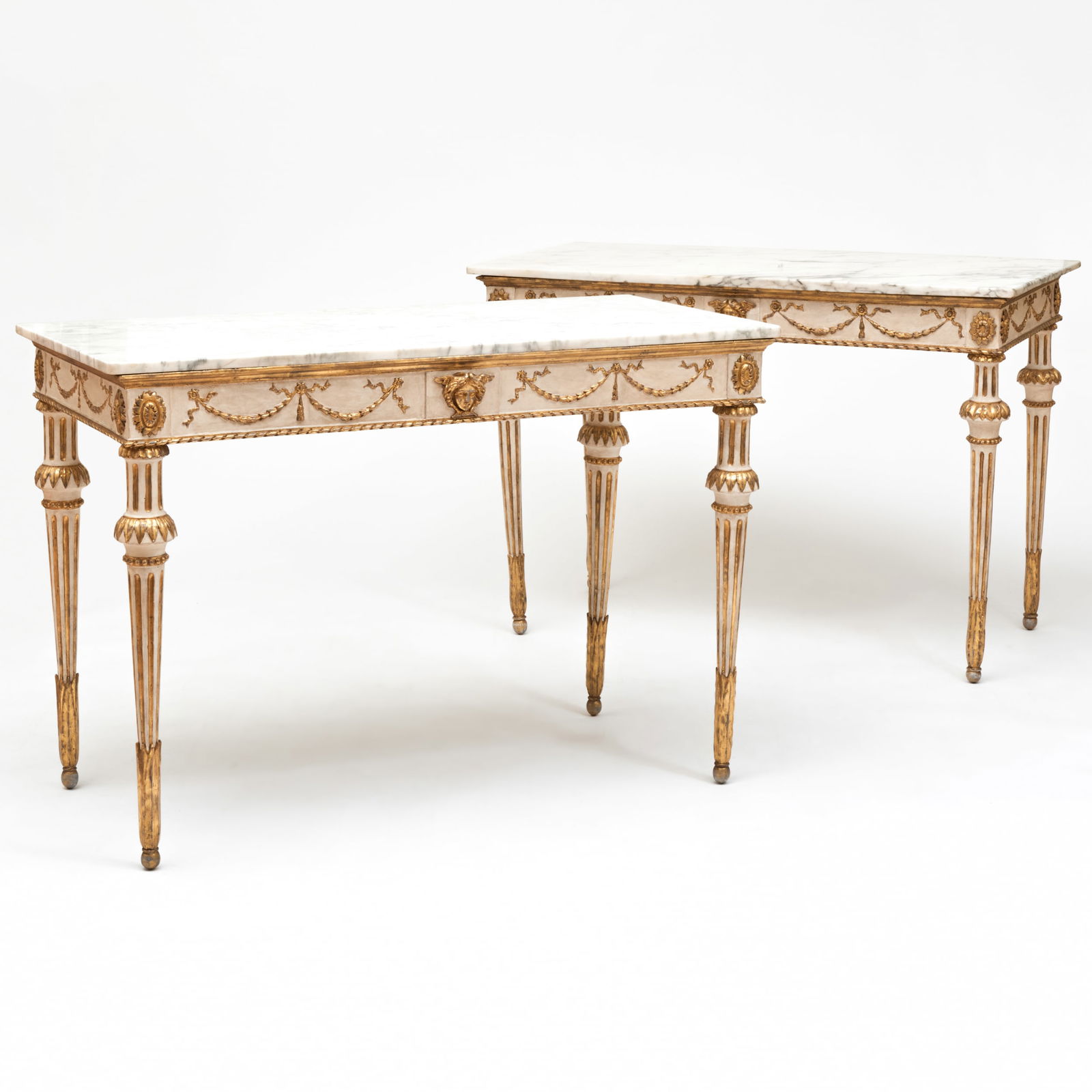 Pair of Swedish Neoclassical Painted and Parcel-Gilt Console Tables: Pair of Swedish Neoclassical Painted and Parcel-Gilt Console Tables 34 1/4 x 4 ft. 2 in. x 24 1/2 in. Florian Papp Antiques, New York, June 12, 1986. A New York Apartment, Designed by Colefax and Fowl