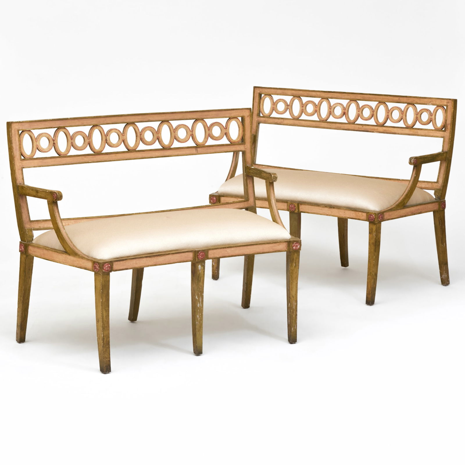 Pair of Italian Painted Incurved Settees: Pair of Italian Painted Incurved Settees 35 1/4 x 44 1/4 x 24 in., height of seat 19 1/2 in. Michael & Margaret Parker Antiques, London, May 7, 1986. A New York Apartment, Designed by Colefax and Fowl