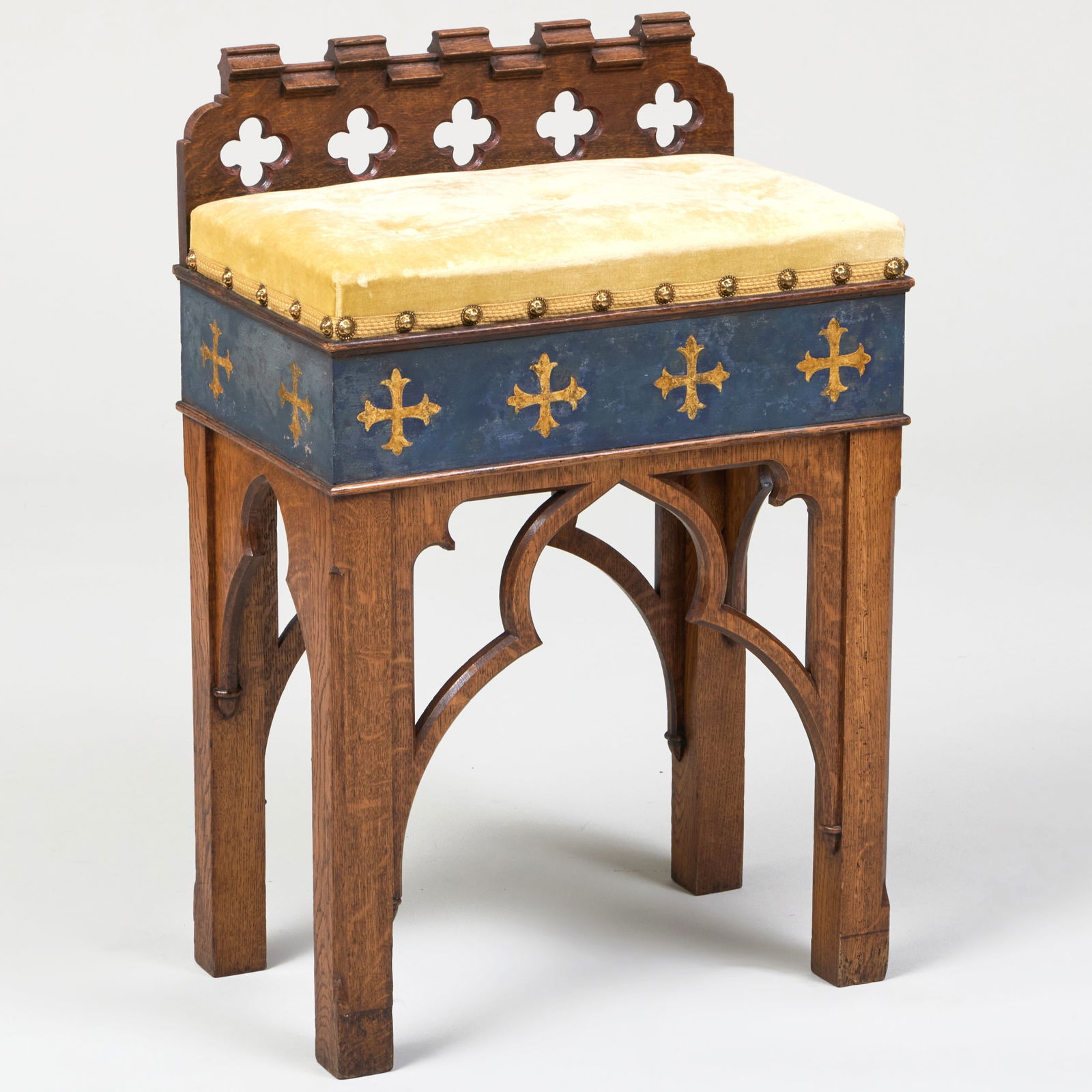 Gothic Revival Carved Oak, Ebonized and Parcel-Gilt Upholstered Organ Stool (1 of 8)