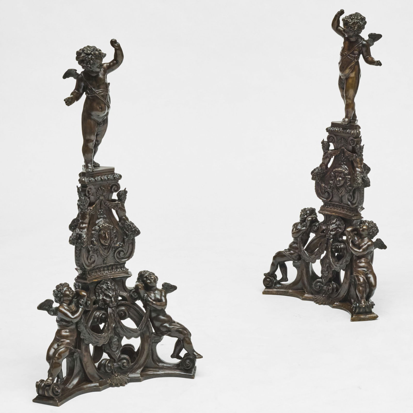 Fine Pair of Tall Italian Bronze Figural Andirons, in the Renaissance Revival Taste: Fine Pair of Tall Italian Bronze Figural Andirons, in the Renaissance Revival Taste 42 1/2 x 21 1/2 x 21 1/2 in. Sold Christie's New York, October 19, 2006, Lot 67. The Collection of Aso O. Tavitian -