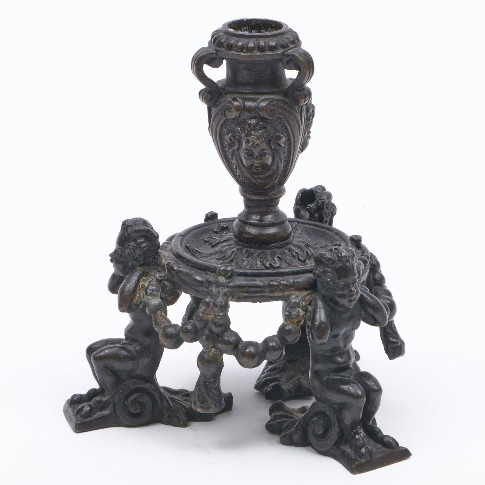 Italian Bronze Tripartite Candlestick, Venetian, Attributed to Nicolo Roccatagliata: Italian Bronze Tripartite Candlestick, Venetian, Attributed to Nicolo Roccatagliata 6 1/2 x 6 1 /4 x 6 1/4 in. Sold Christie's Paris, December 17, 2009, Lot 92. The Collection of Aso O. Tavitian - New