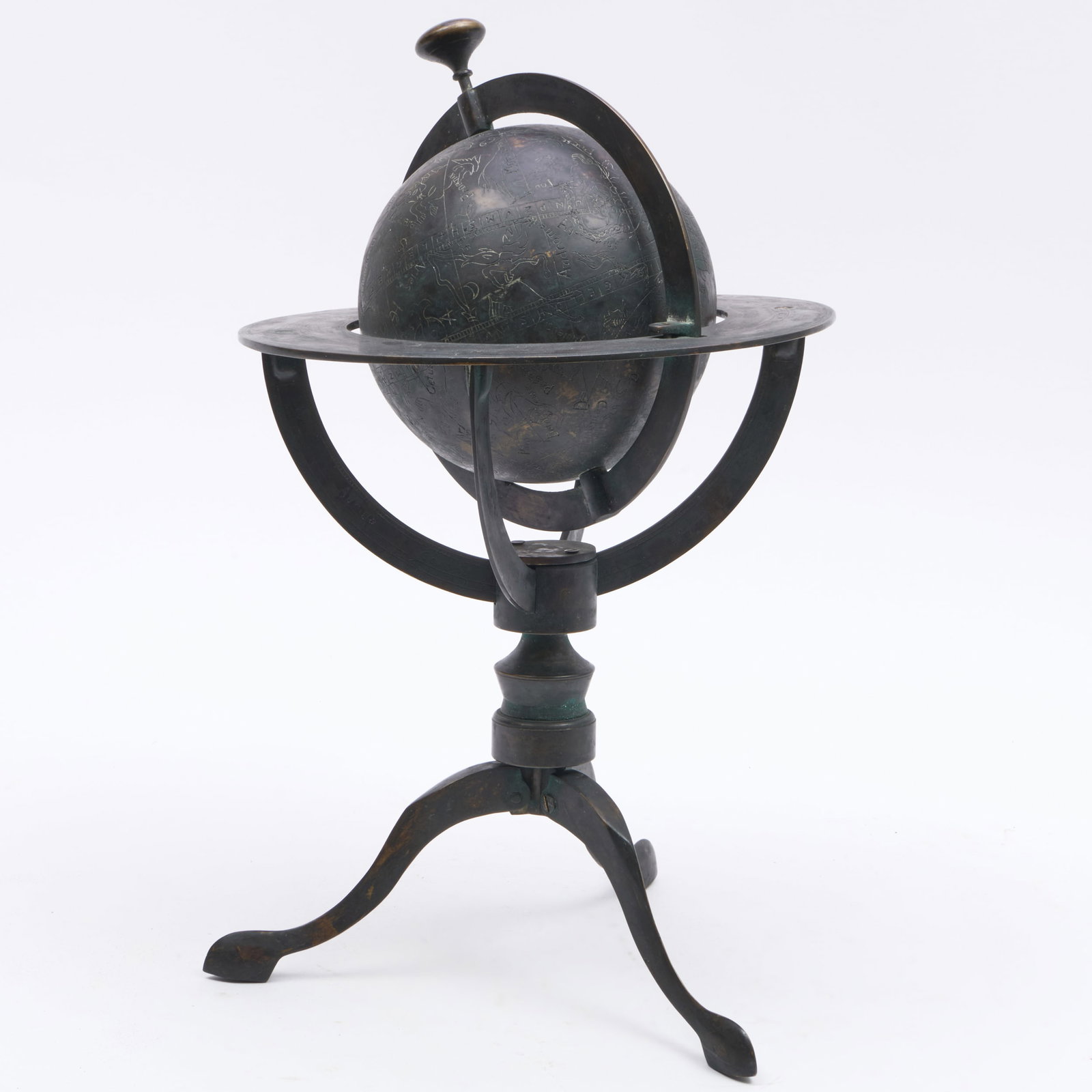 Patinated-Bronze Celestial Globe: Patinated-Bronze Celestial Globe Fitted with a folding tripod stand. 19 x 12 in. diam. Sold Christie's London, November 26, 1997, Lot 51. The Collection of Aso O. Tavitian - New York & Stockbridge.
