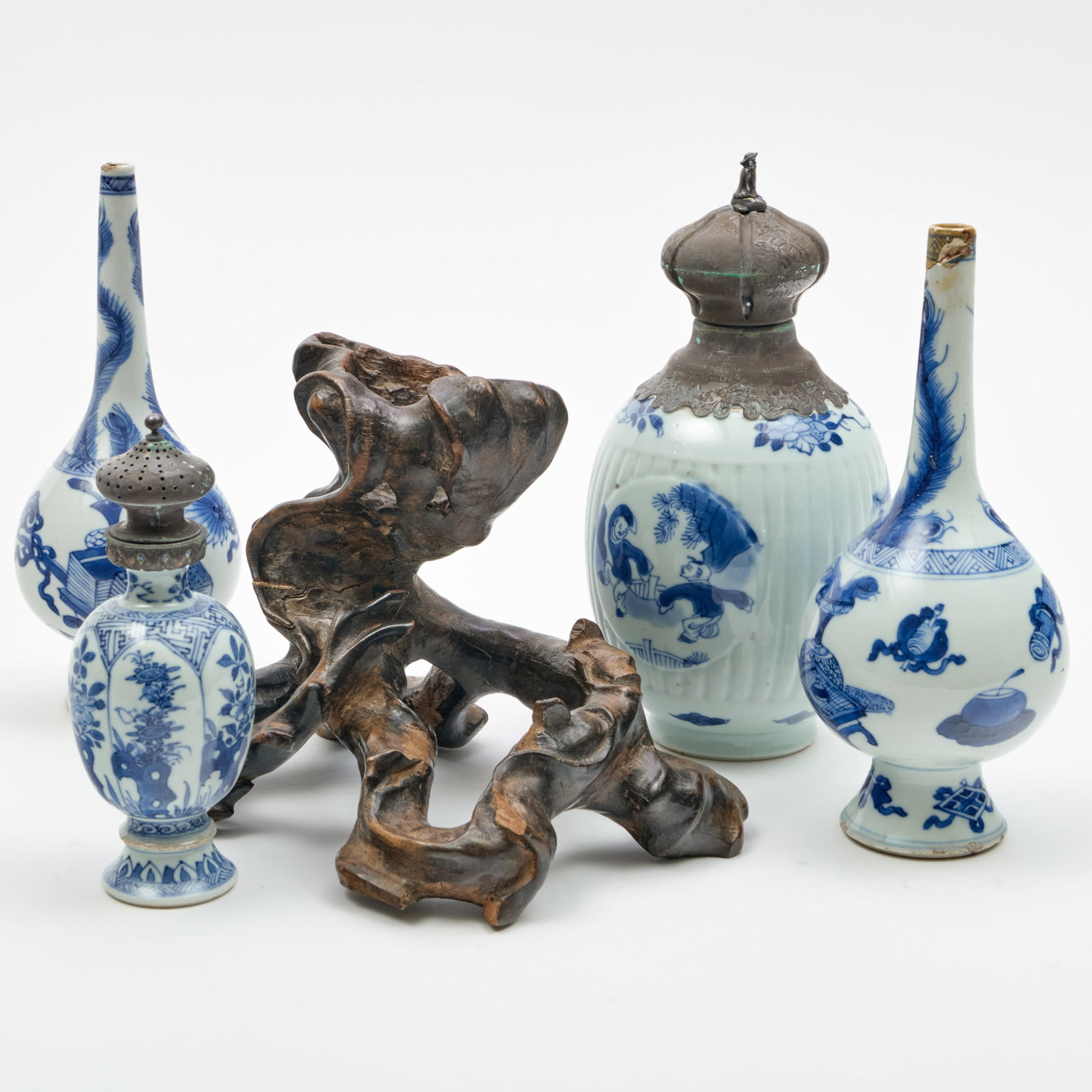 Group of Four Chinese  Blue and White Porcelain Vessels and a Rootwood Stand (1 of 17)
