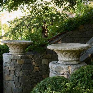 Pair of British Composition Stone Basket Weave Shallow Planters