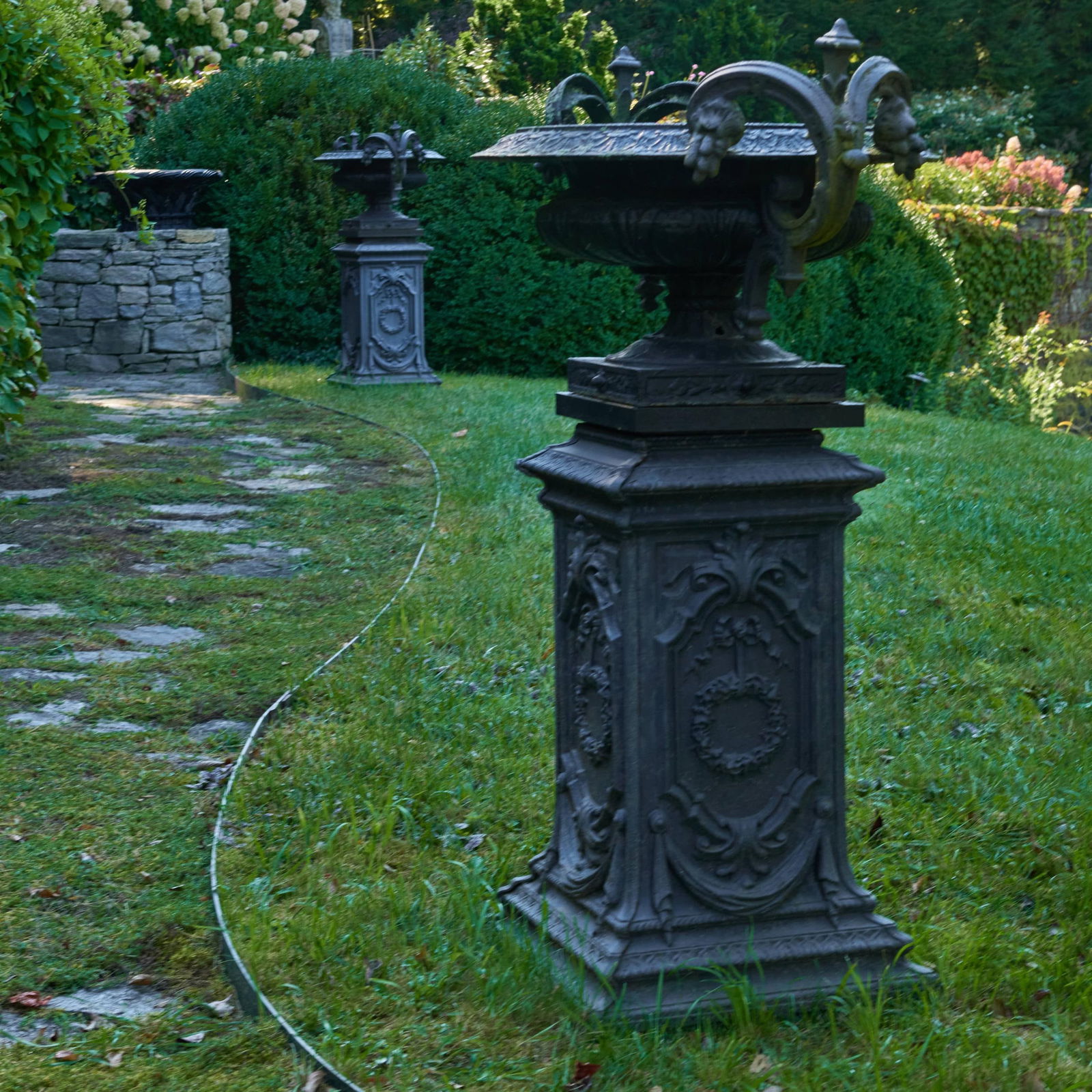 Pair of French Cast-Iron Vases with Pedestals, Stamped Corneau Alfred A Charleville No 4 (1 of 17)