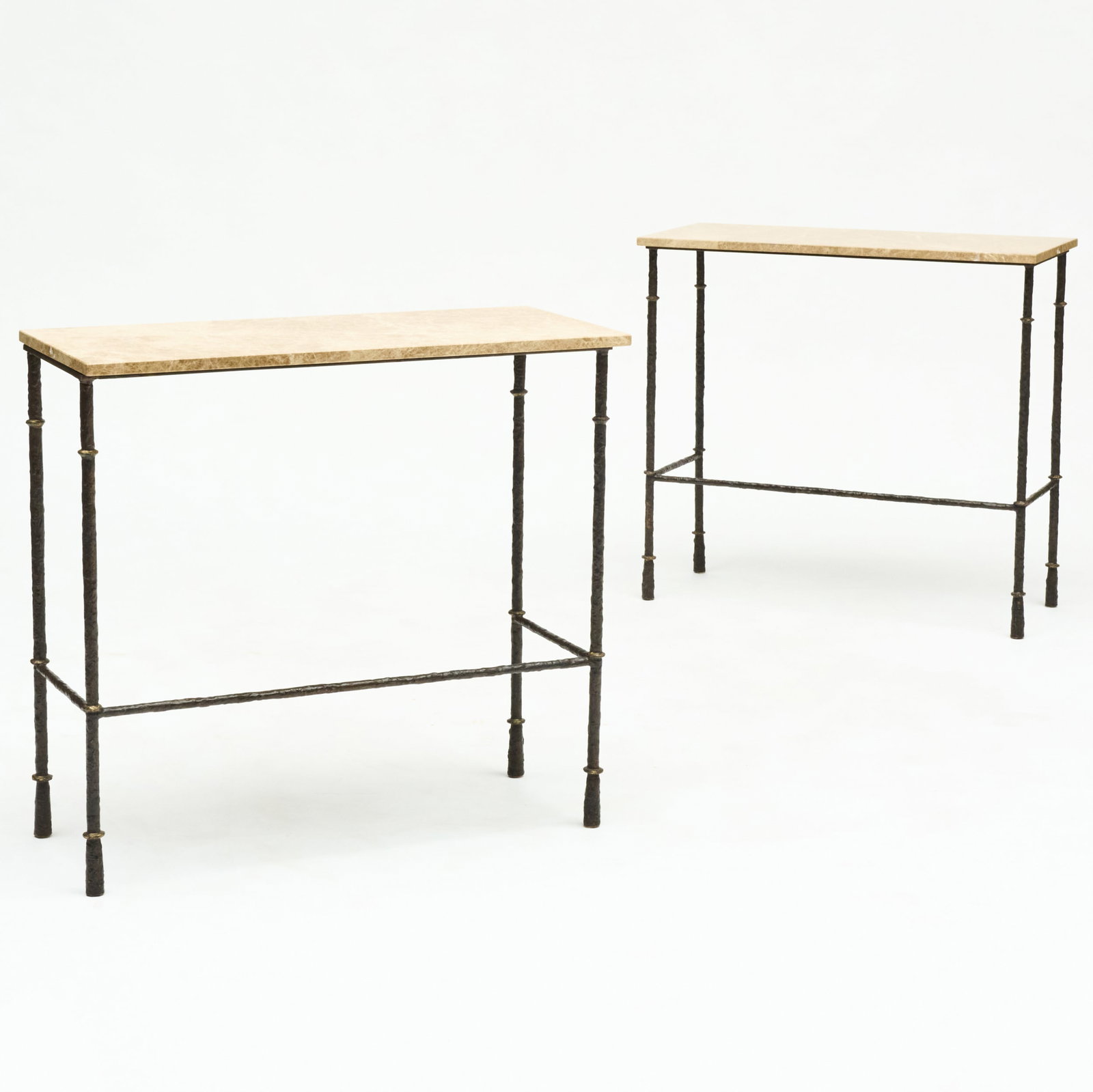 Pair of Contemporary Wrought-Iron, Parcel-Gilt and Marble Console Tables: Pair of Contemporary Wrought-Iron, Parcel-Gilt and Marble Console Tables 34 x 35 x 16 in. Sold Christie's, South Kensington, November 18, 2014, Lot 35. The Collection of Aso O. Tavitian - New York & S