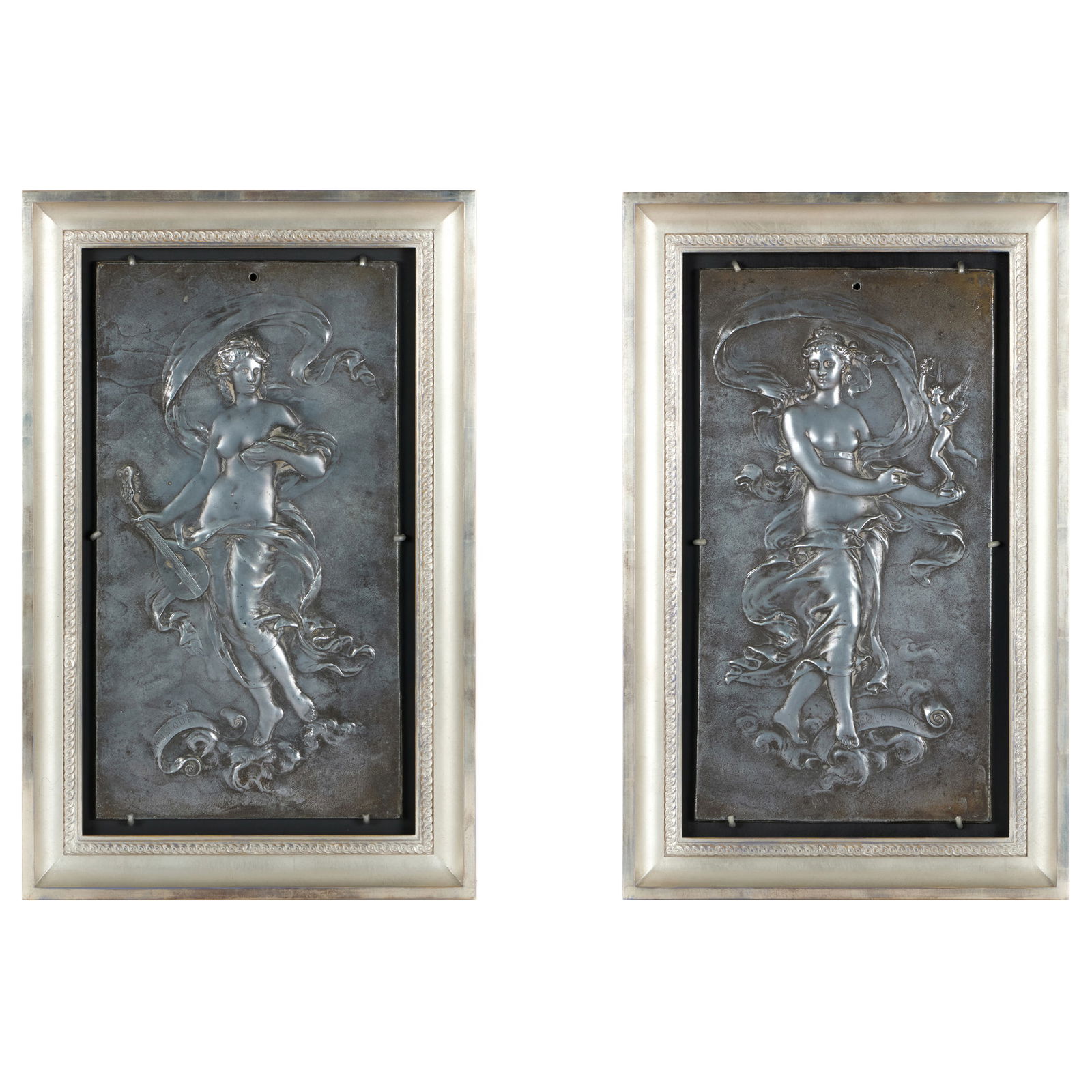 After Jean-Baptiste Germain (1841-1910): Pair of Pewter Plaques Depicting Figures of Sculpture and: After Jean-Baptiste Germain (1841-1910): Pair of Pewter Plaques Depicting Figures of Sculpture and Music Two pewter plaques mounted on wood, both with incised signatures and titles. Both 16 x 8 1/2 in