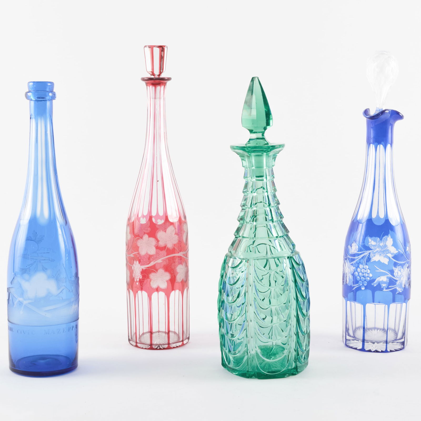 Group of Four Colored Glass Decanters (1 of 8)