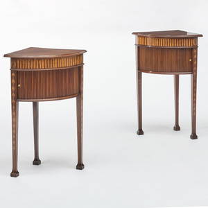 Pair George III Inlaid Mahogany Corner Bedside Cupboards, In the Manner of Ince and Mayhew