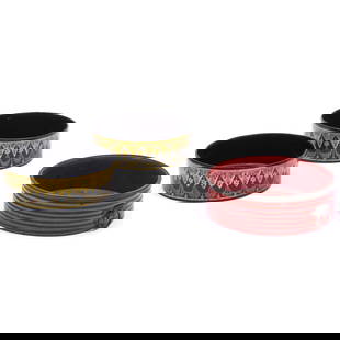 Pair of Regency Gilt Decorated and Black Lacquer Papier-Mache Coasters: Pair of Regency Gilt Decorated and Black Lacquer Papier-Mache CoastersTogether with a ribbed red lacquer example.Largest (red): 1 3/4 x 5 3/4 in. diam.Smallest (black): 1 5/8 x 5 1/4 in. diam. The