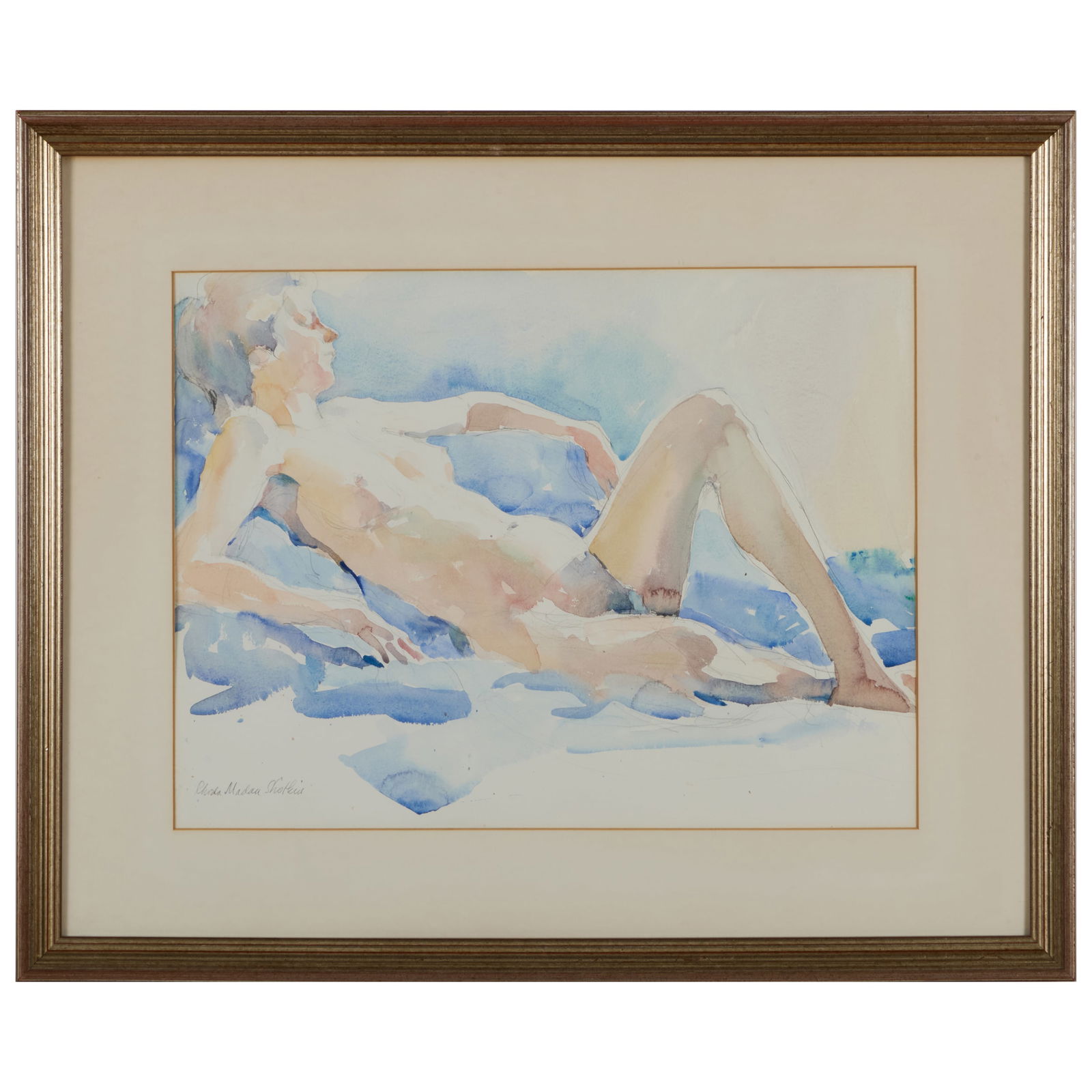 Rhoda Madan-Shotkin: Reclining; and Coastal Scene: Rhoda Madan-Shotkin: Reclining; and Coastal Scene Two watercolor and pencil on paper, both signed 'Rhoda Madan-Shotkin' lower left. 15 1/4 x 20 1/4 in. (sight), 23 3/4 x 29 1/4 in. (frame), 15 1/2 x 2