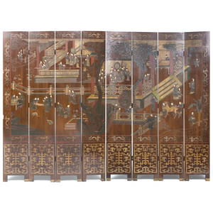 Chinese Brown Lacquer Coromandel Eight Panel Screen