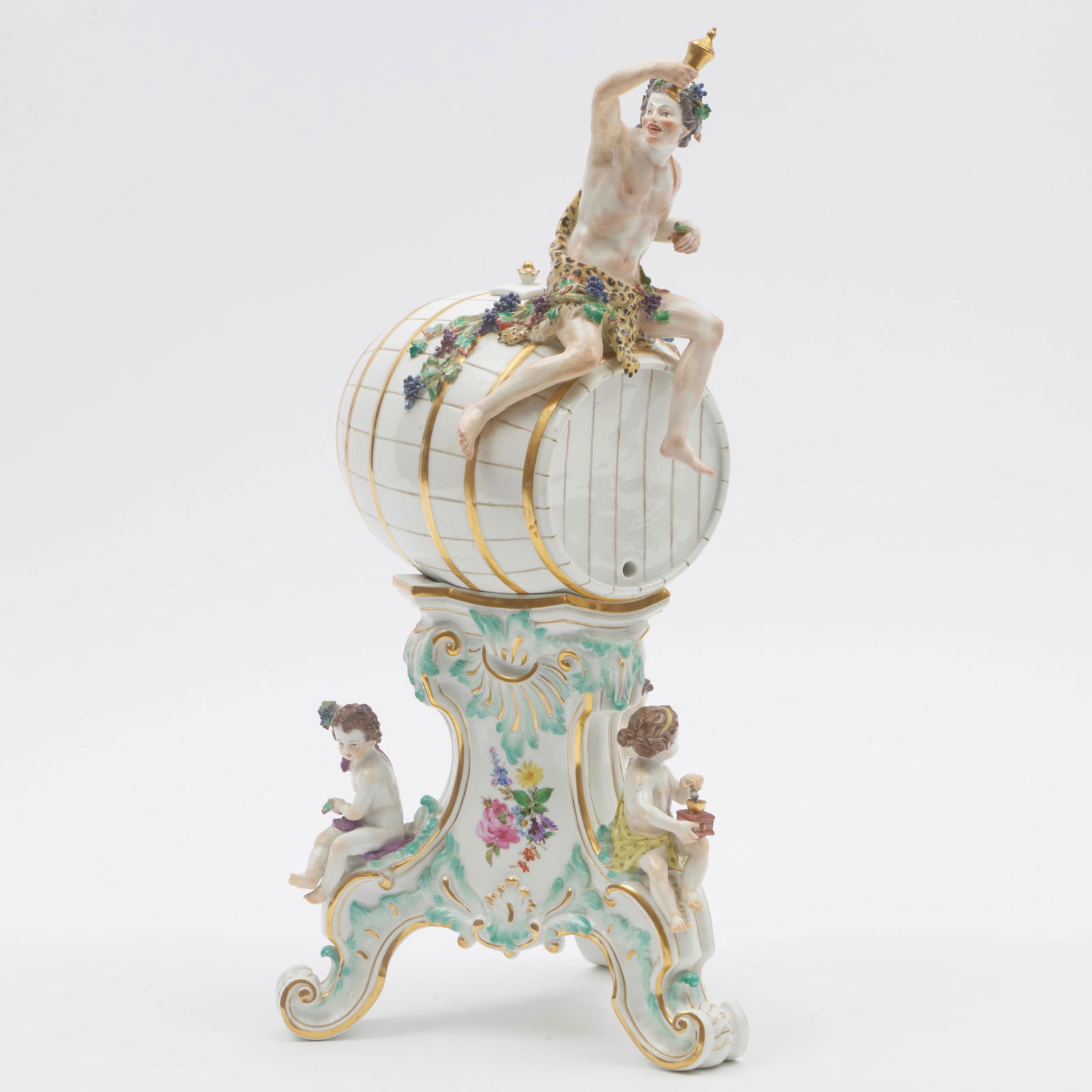 Meissen Spirit Barrel and Stand: Meissen Spirit Barrel and Stand Blue crossed swords mark to stand and barrel. 19 1/4 x 10 x 8 in. (overall).