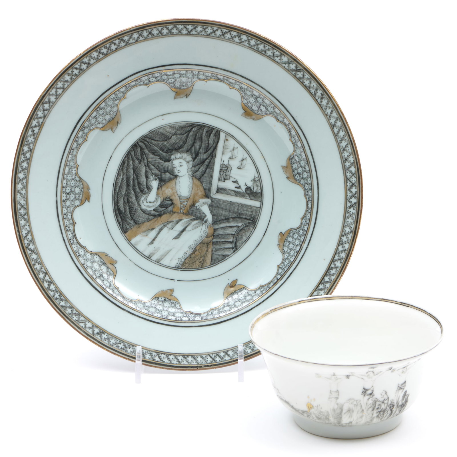 Chinese Export Porcelain European Subject Plate and a Sugar Bowl of the Crucifixion en Grisaille: Chinese Export Porcelain European Subject Plate and a Sugar Bowl of the Crucifixion en Grisaille Unmarked. The plate 9 in. diam., 2 1/4 x 4 1/2 in. diam. The plate with applied label for Matthew & Eli