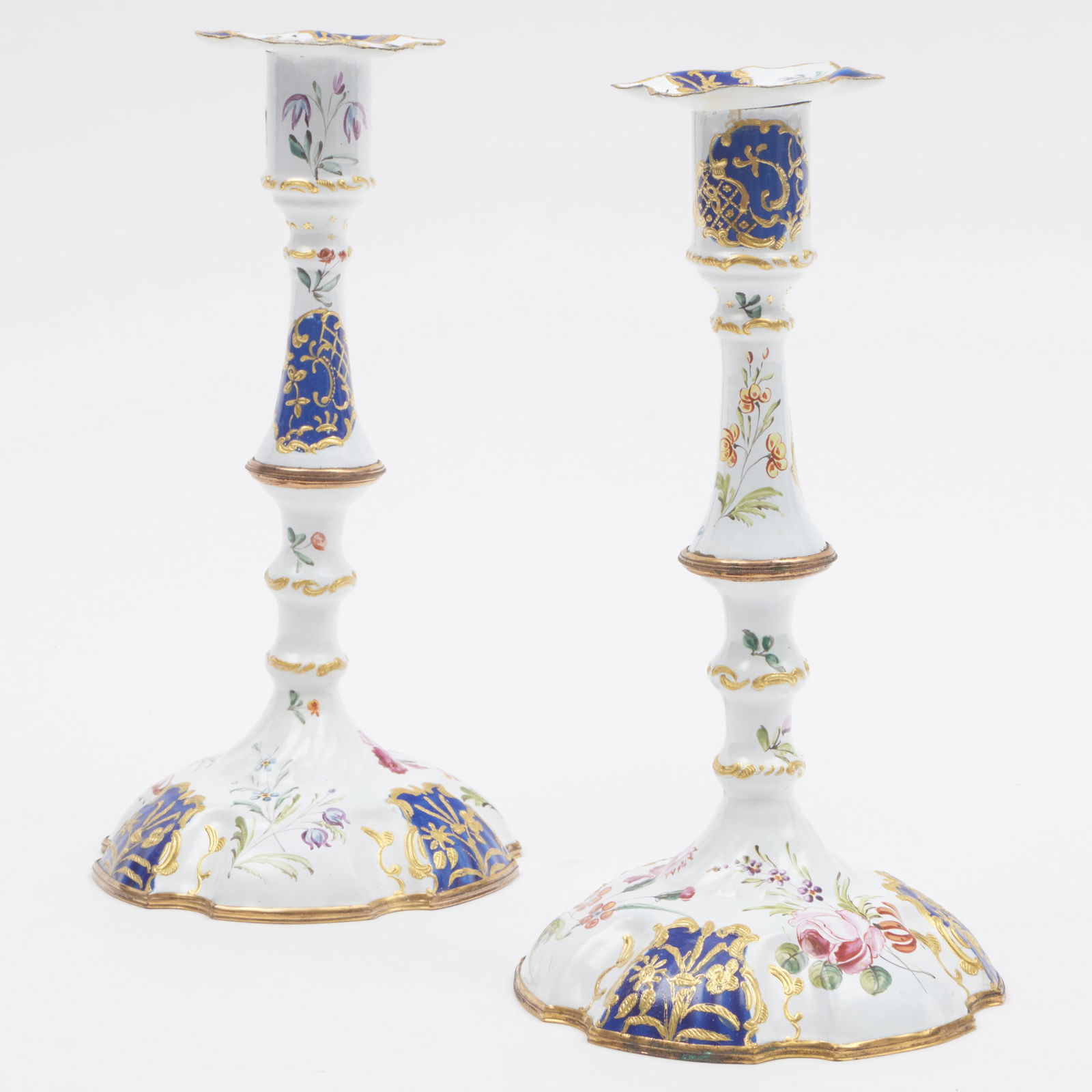 Pair of Staffordshire Enamel Candlesticks: Pair of Staffordshire Enamel Candlesticks 9 3/4 x 5 in. diam. The Collection of James M. Labaugh Antiques, Pound Ridge, NY.