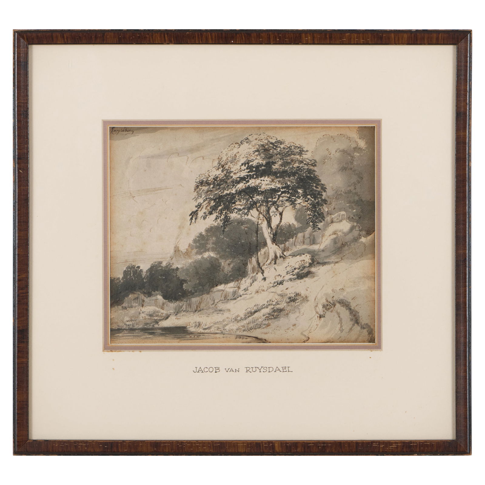 Attributed to Jacob Van Ruisdael (1628-1682): Dunes By The Sea: Attributed to Jacob Van Ruisdael (1628-1682): Dunes By The Sea Ink and wash on paper mounted on blue paper, signed 'Ruysdael' upper left, variously inscribed in another hand on the reverse. 6 3/4 x 8