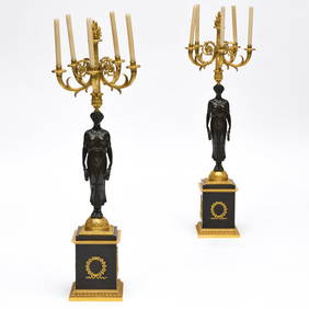 Pair of Large Empire Style Gilt and Patinated-Bronze Figural Five-Light Candelabra, In the manner of (1 of 8)