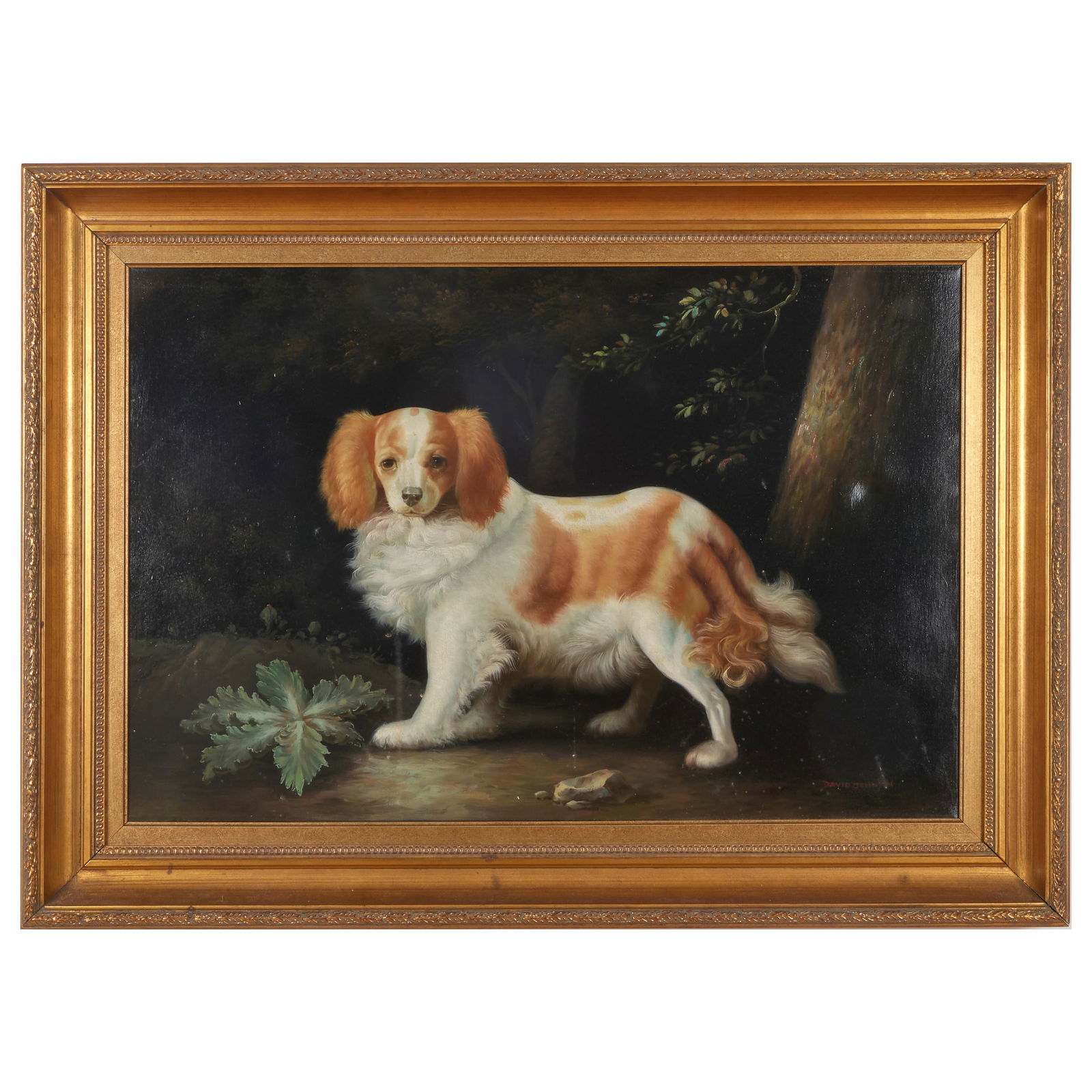 English School: Spaniel in a Landscape: English School: Spaniel in a Landscape Oil on canvas, signed 'David Johnson' lower right. 24 x 36 in., 33 x 44 in. (frame).