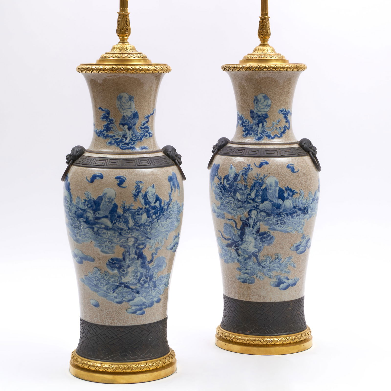 Pair of American Gilt Bronze Mounted Chinese Crackle Glazed Blue and White Porcelain Vases Mounted (1 of 12)